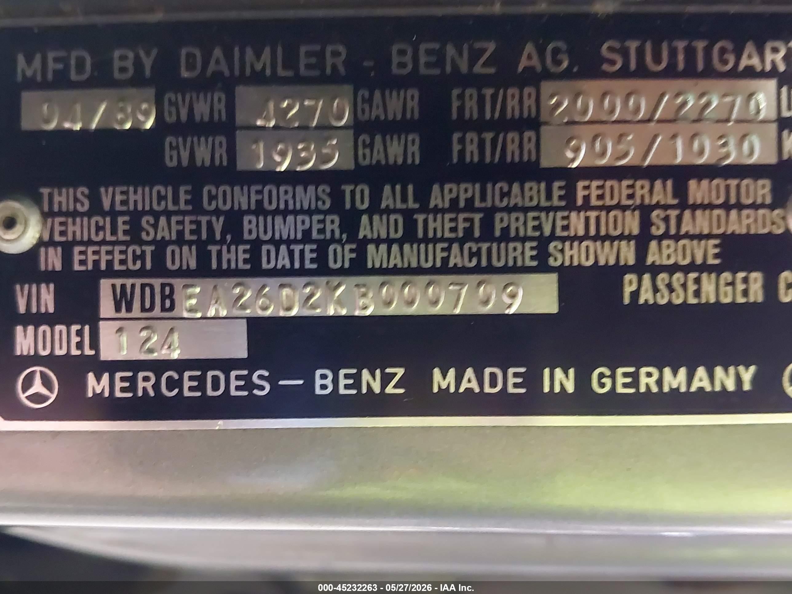 1989 Mercedes-benz 260 E Серый vin: WDBEA26D2KB000709
