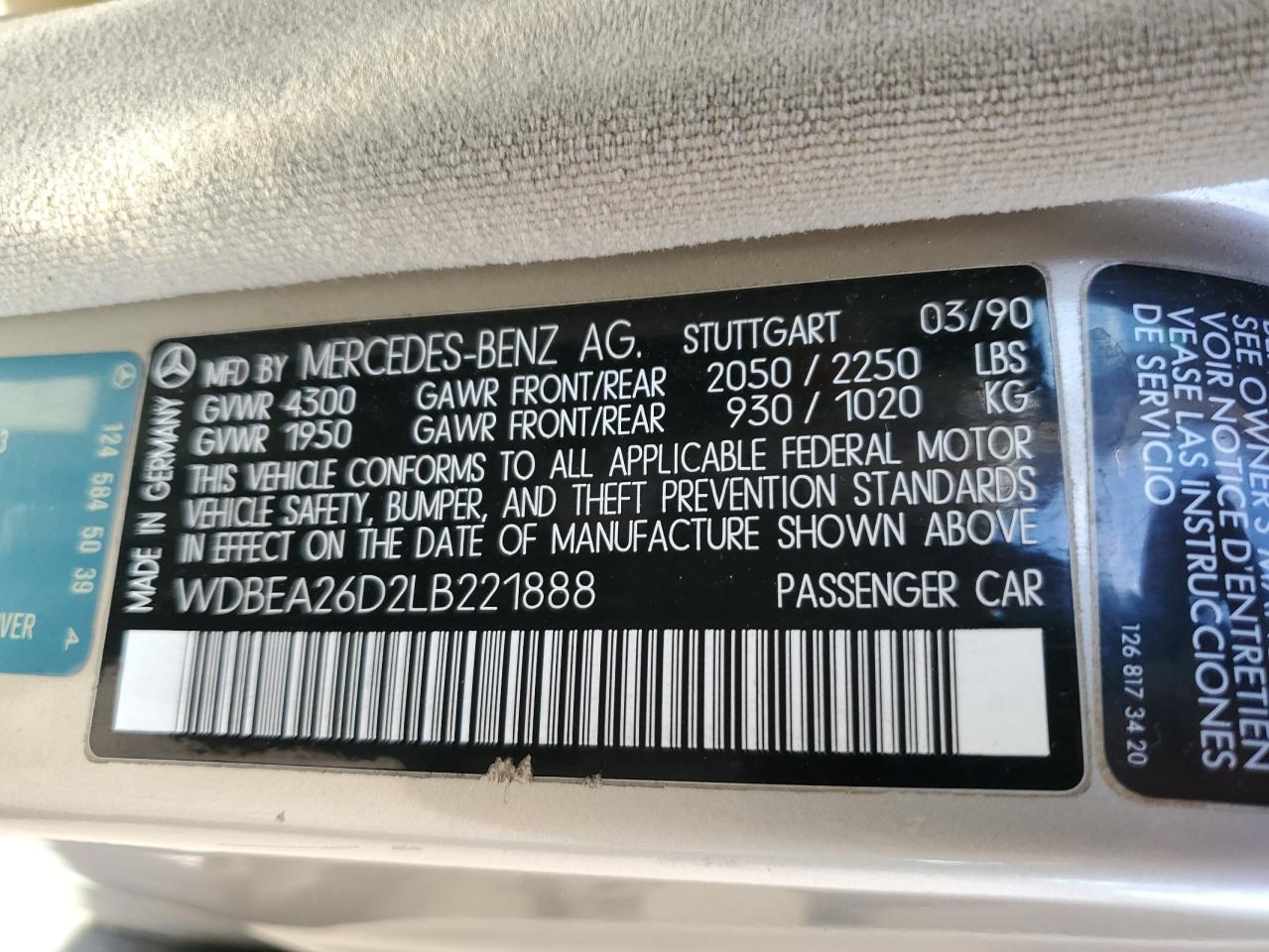 1990 Mercedes-benz 300 E 2.6 Beige vin: WDBEA26D2LB221888