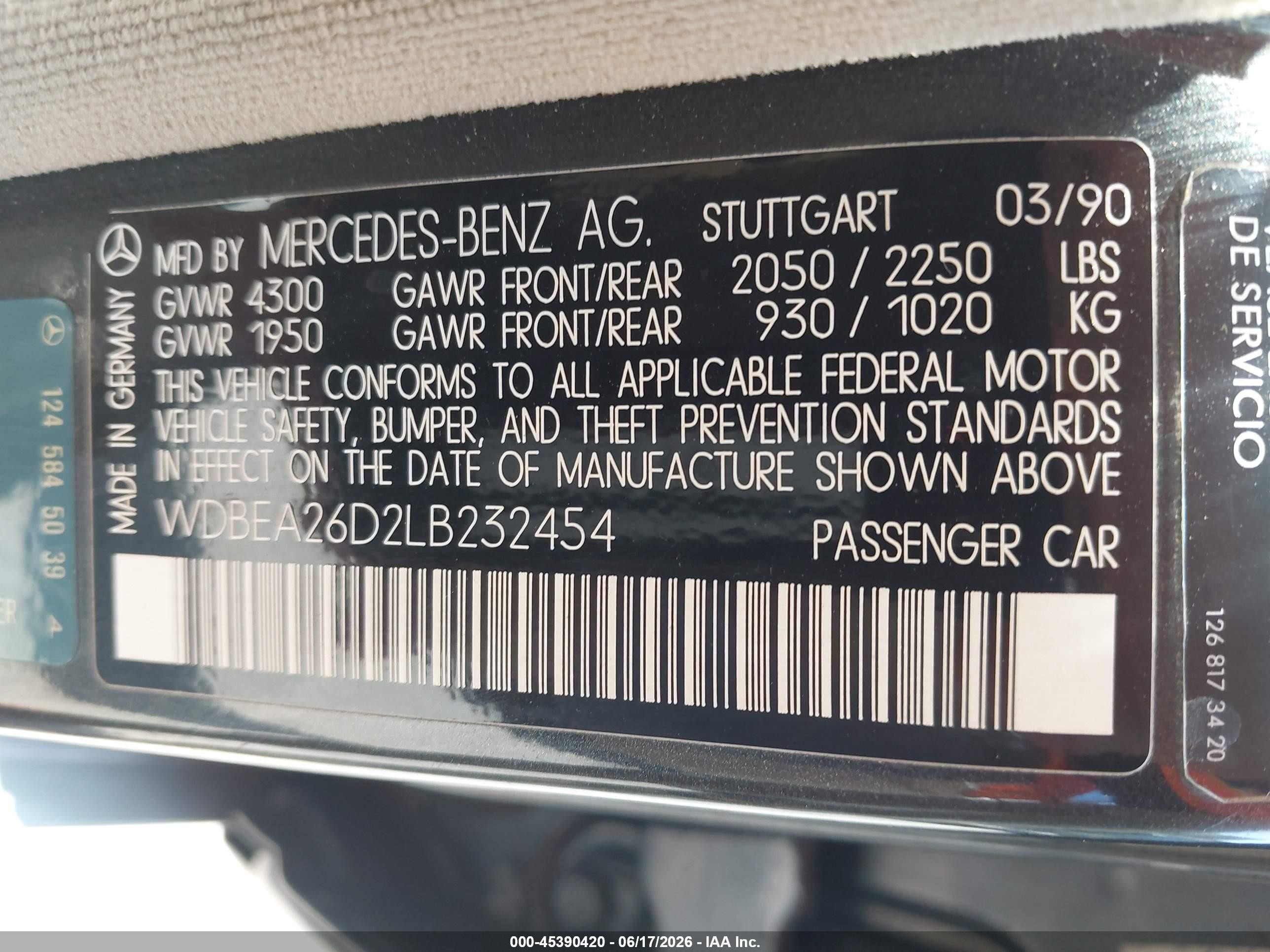 1990 Mercedes-benz 300 E 2.6 Black vin: WDBEA26D2LB232454