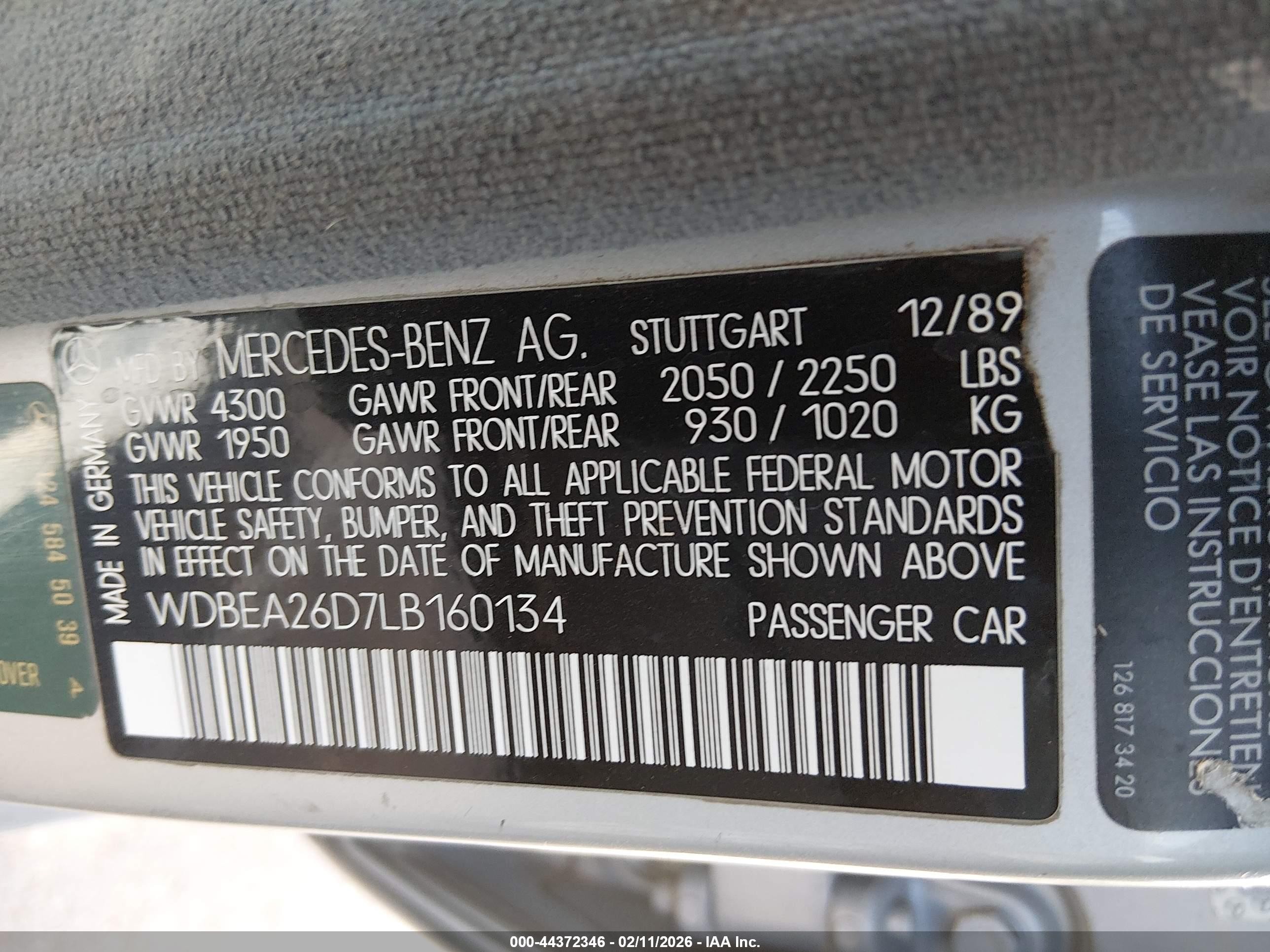 1990 Mercedes-benz 300 E 2.6 Silver vin: WDBEA26D7LB160134