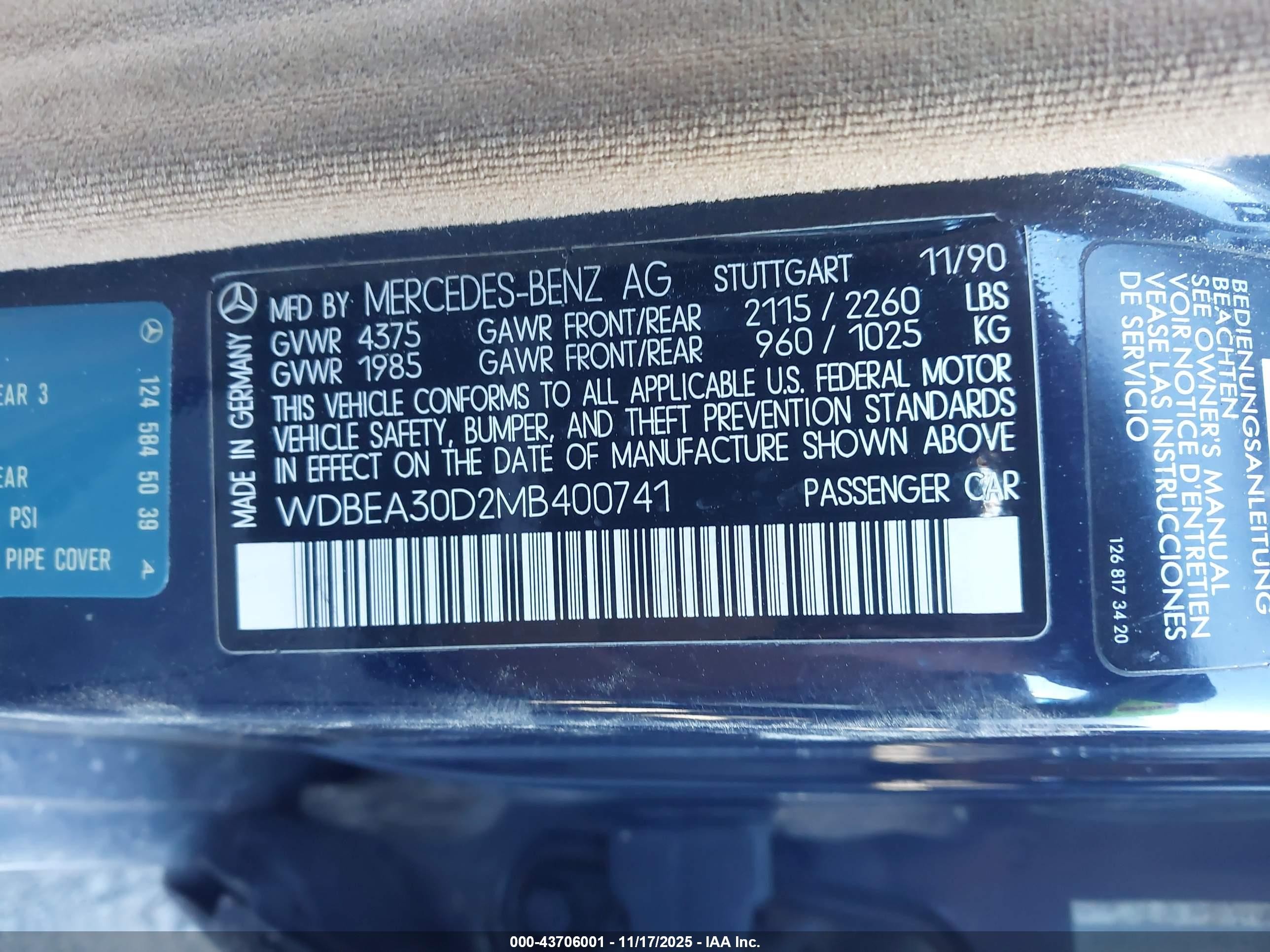 1991 Mercedes-benz 300 E Черный vin: WDBEA30D2MB400741