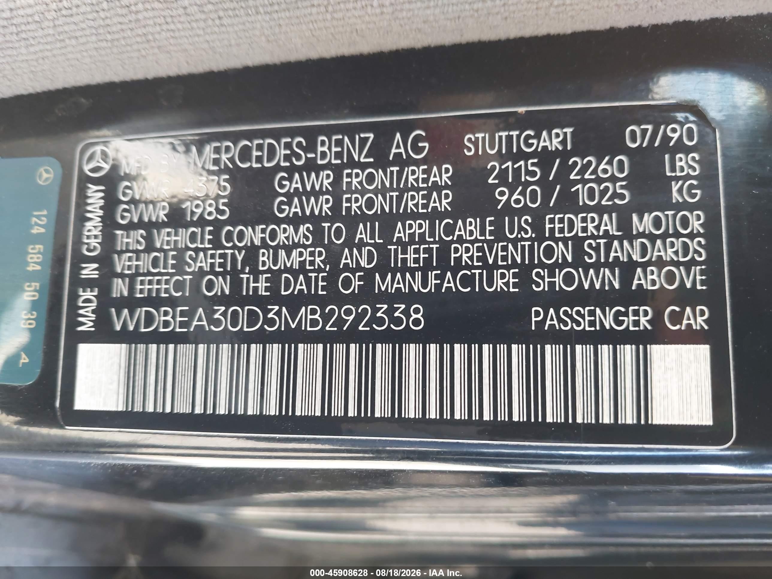 1991 Mercedes-benz 300 E Black vin: WDBEA30D3MB292338