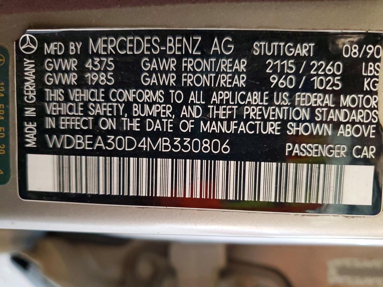 1991 Mercedes-benz 300 E Silver vin: WDBEA30D4MB330806