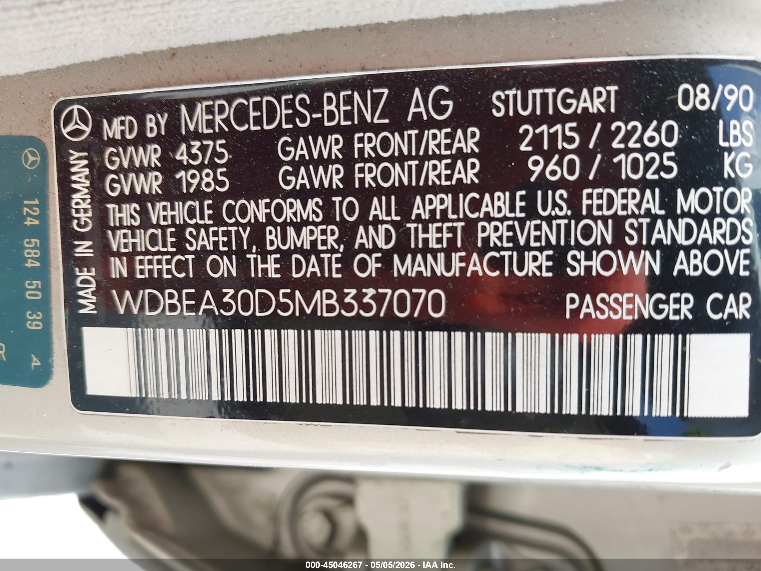 1991 Mercedes-benz 300 E Tan vin: WDBEA30D5MB337070