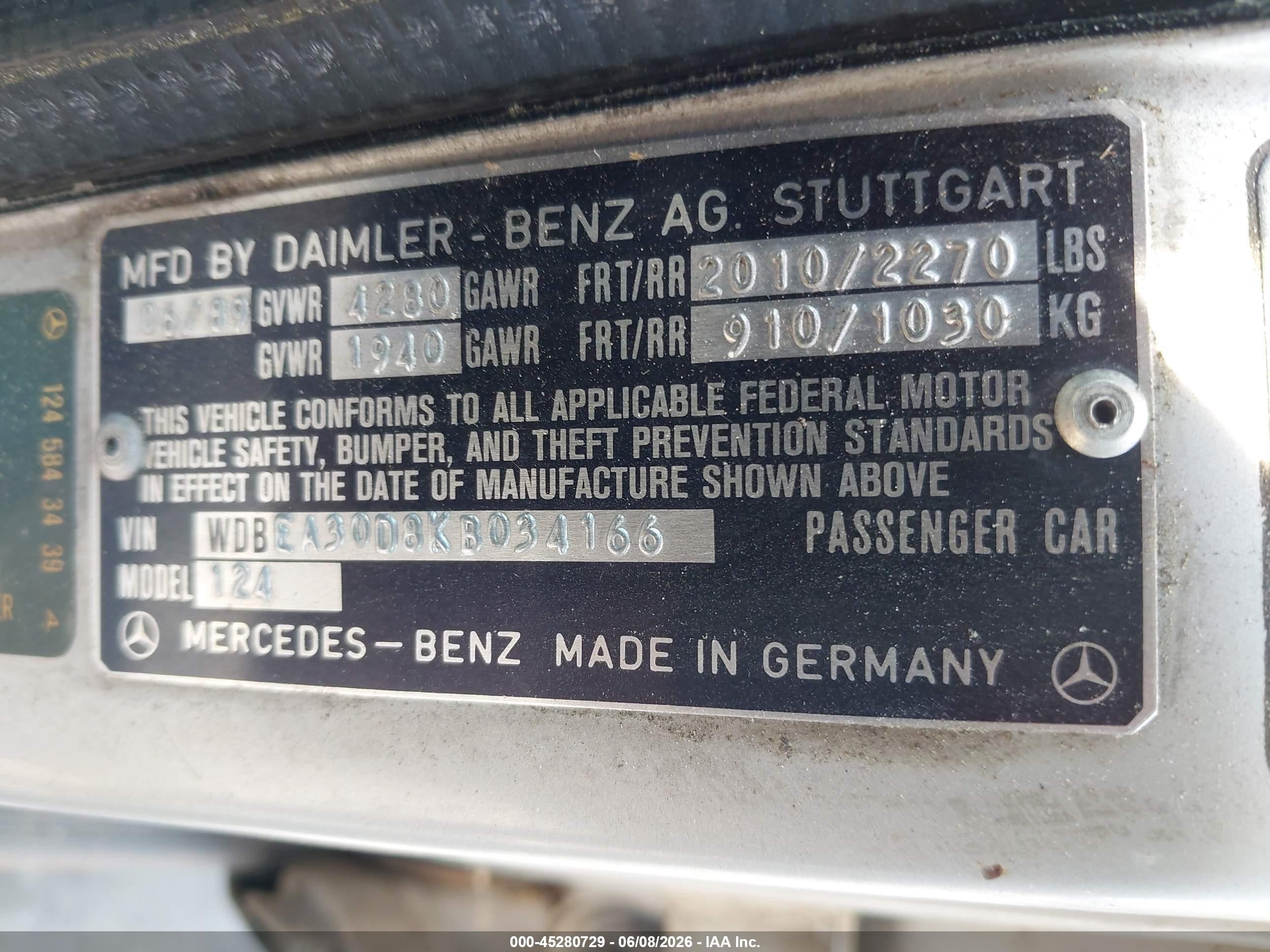 1989 Mercedes-benz 300 E Silver vin: WDBEA30D8KB034166