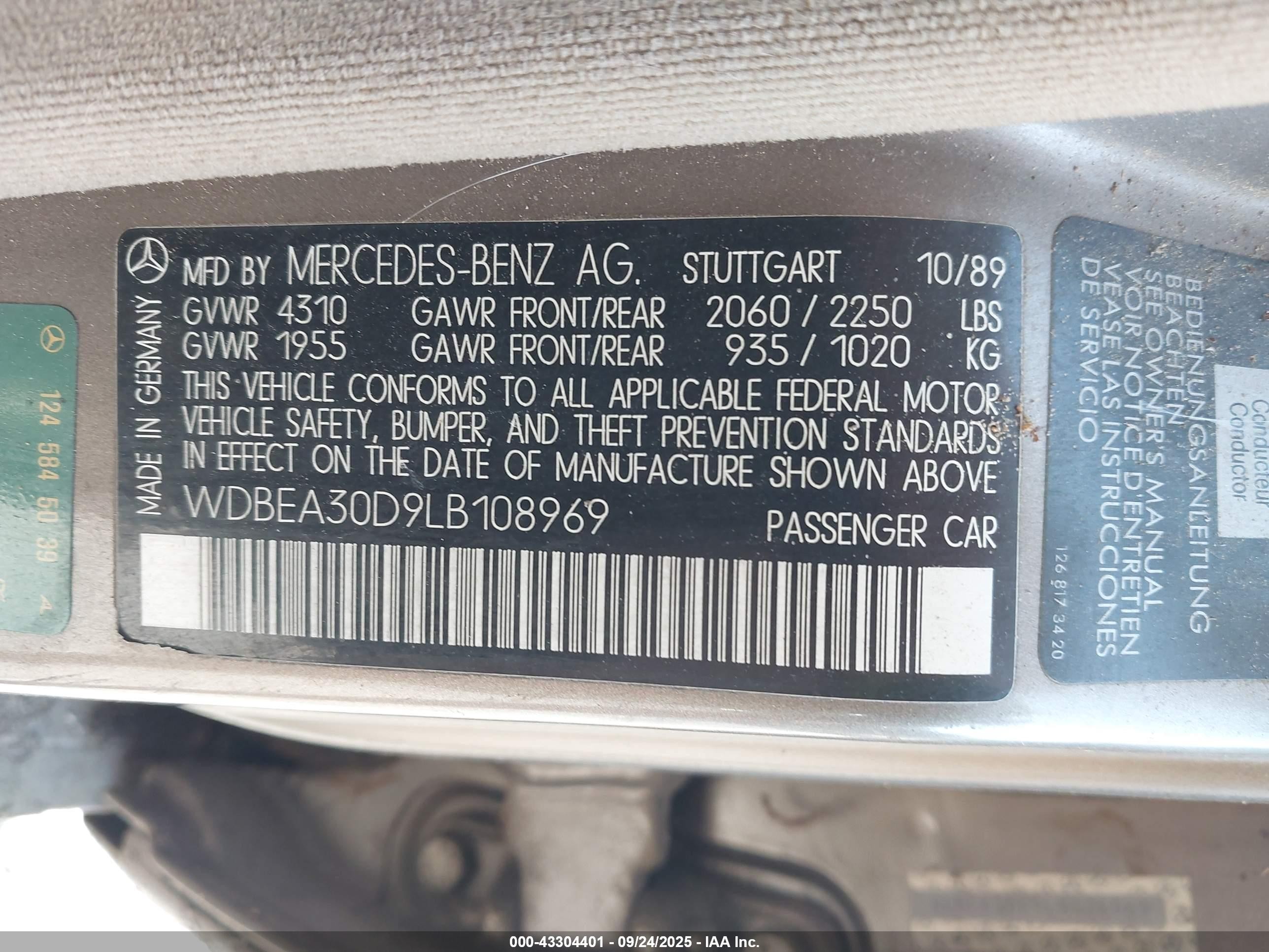 1990 Mercedes-benz 300 E Tan vin: WDBEA30D9LB108969