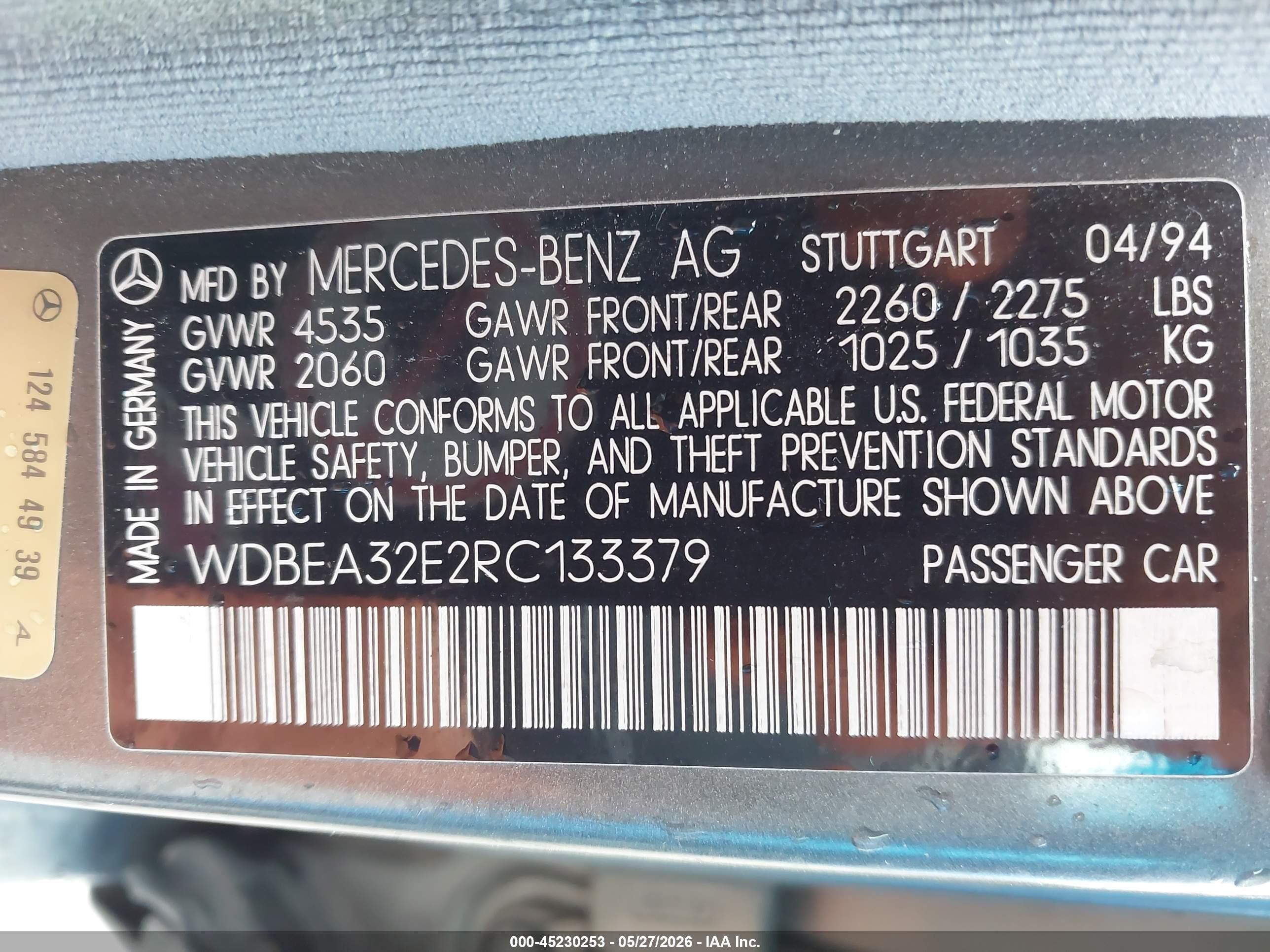 1994 Mercedes-benz E 320 Серый vin: WDBEA32E2RC133379