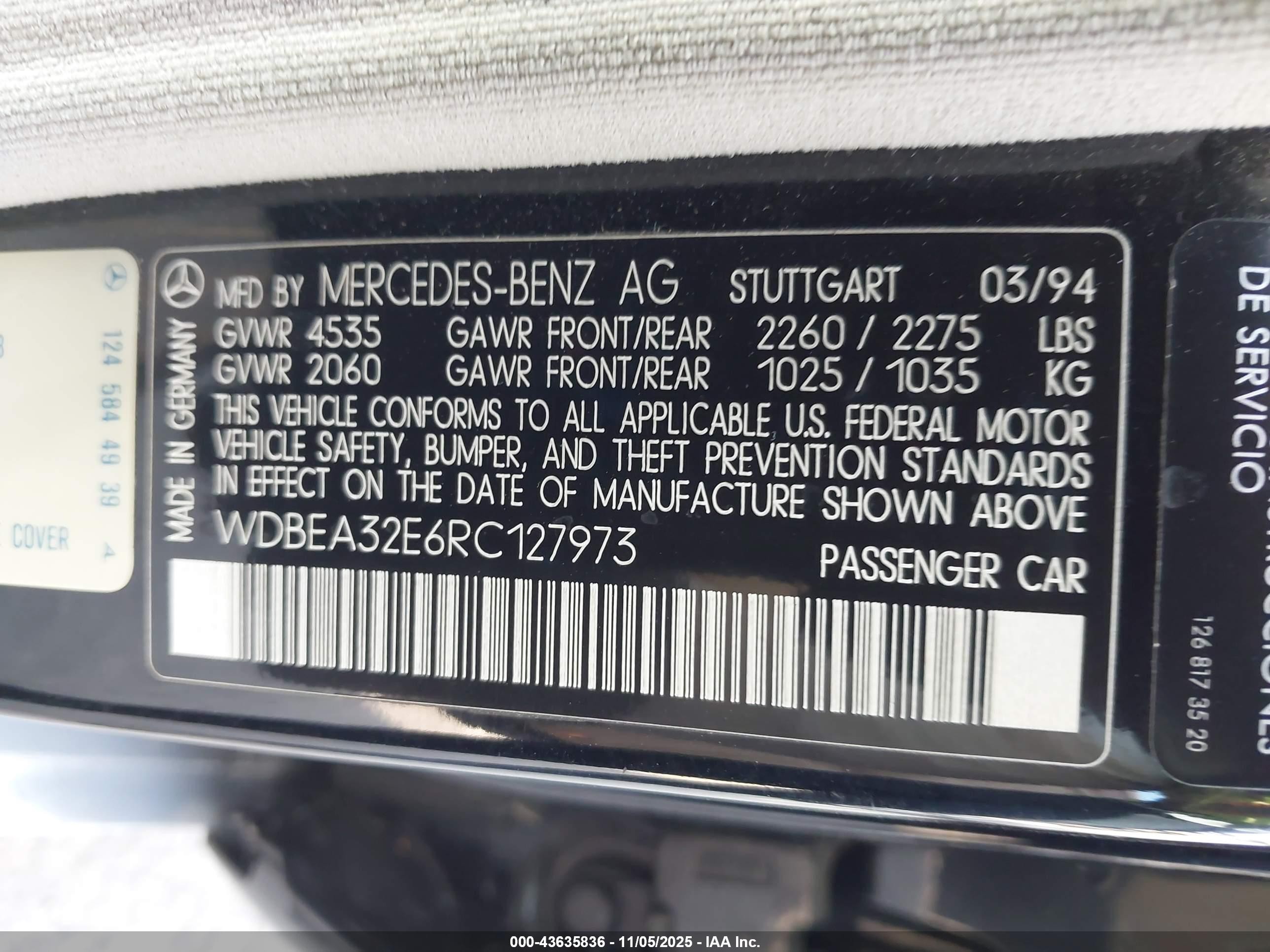 1994 Mercedes-benz E 320 Black vin: WDBEA32E6RC127973
