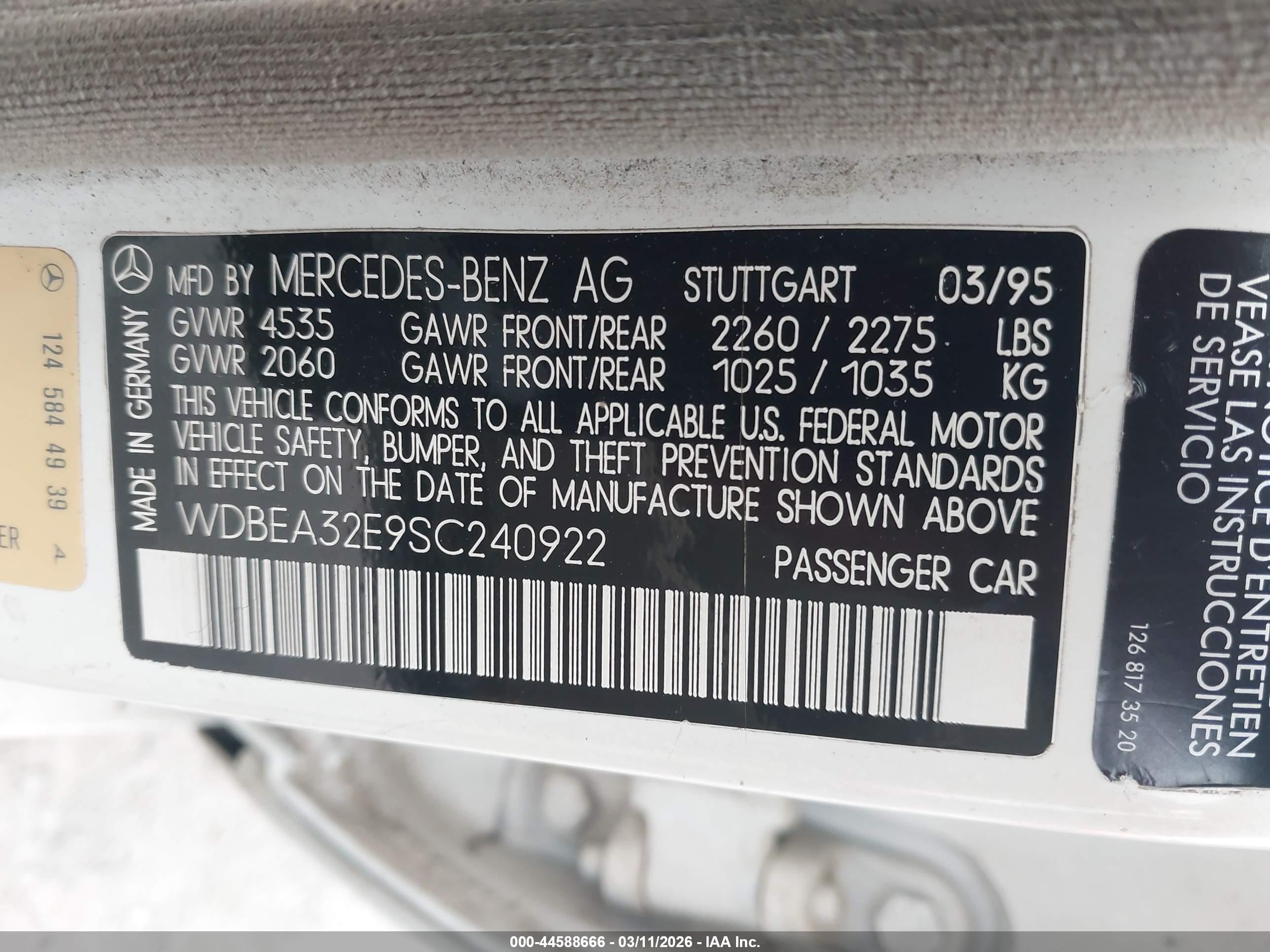 1995 Mercedes-benz E 320 Base/320 Special White vin: WDBEA32E9SC240922