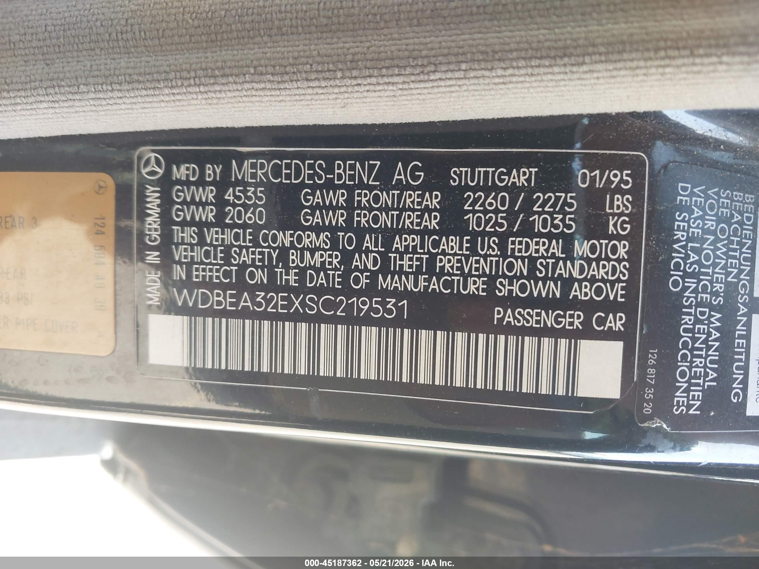 1995 Mercedes-benz E 320 Base/320 Special Black vin: WDBEA32EXSC219531