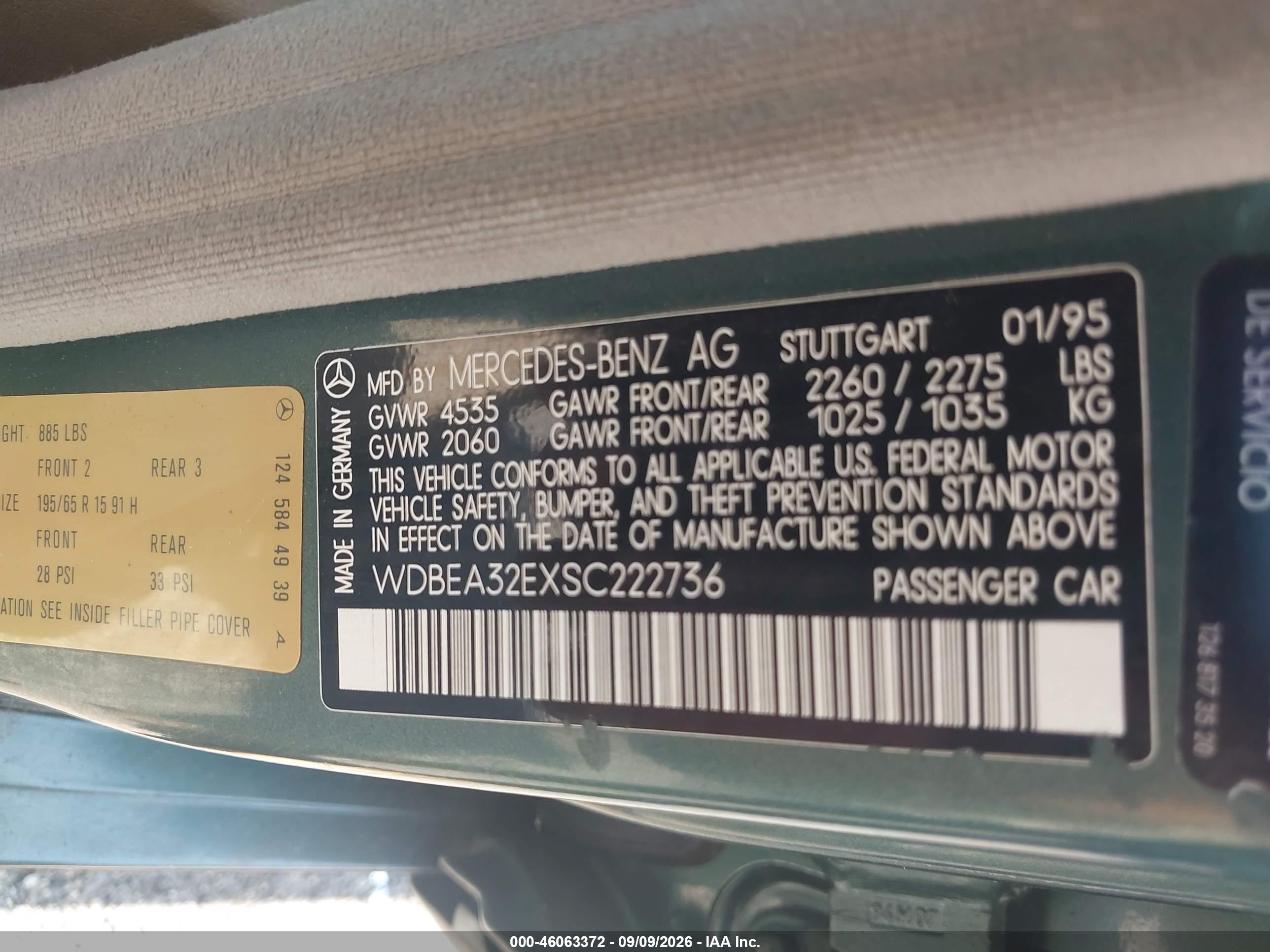 1995 Mercedes-benz E 320 Base/320 Special Зеленый vin: WDBEA32EXSC222736