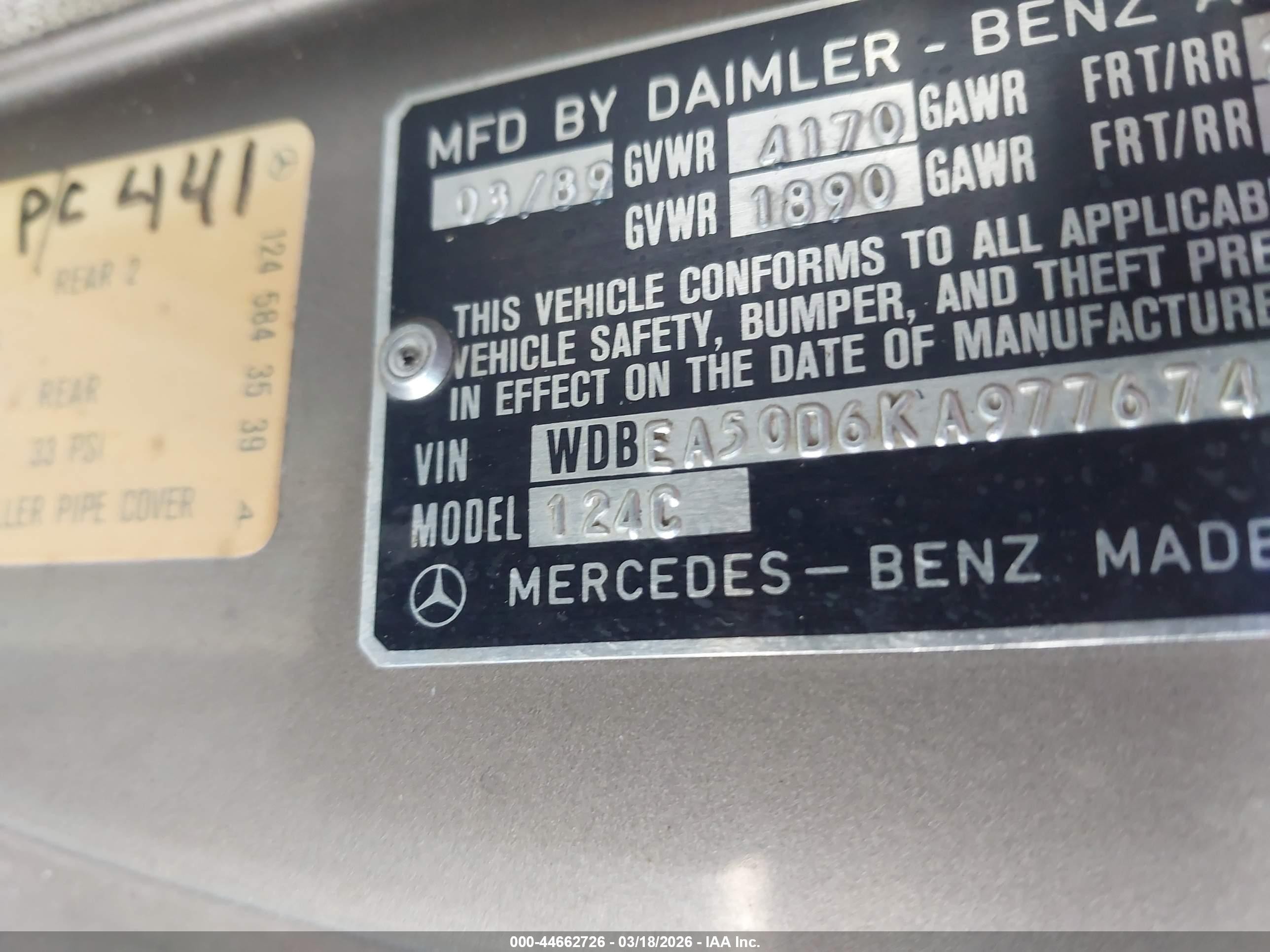 1989 Mercedes-benz 300 Ce Tan vin: WDBEA50D6KA977674