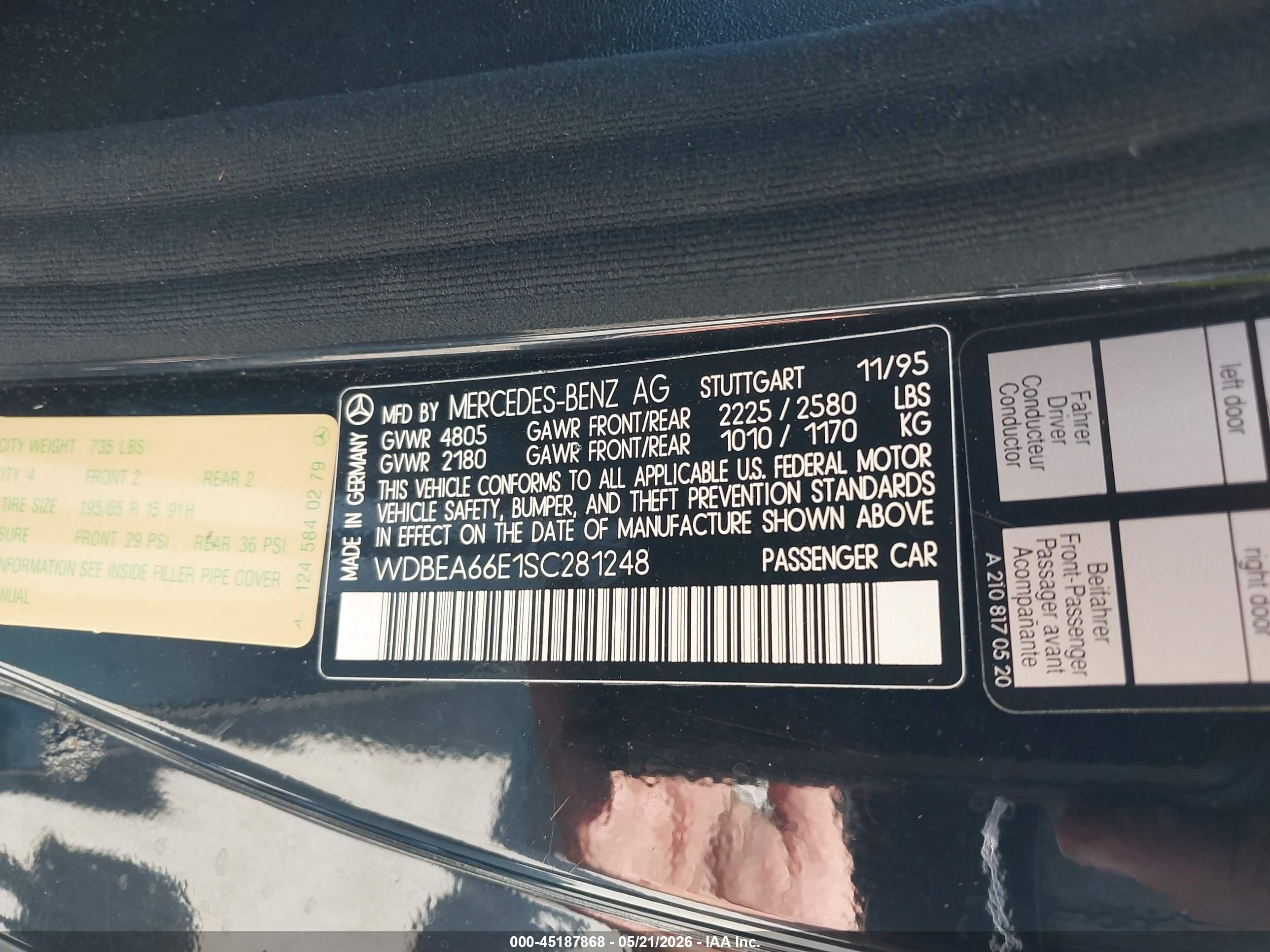 1995 Mercedes-benz E 320 Black vin: WDBEA66E1SC281248