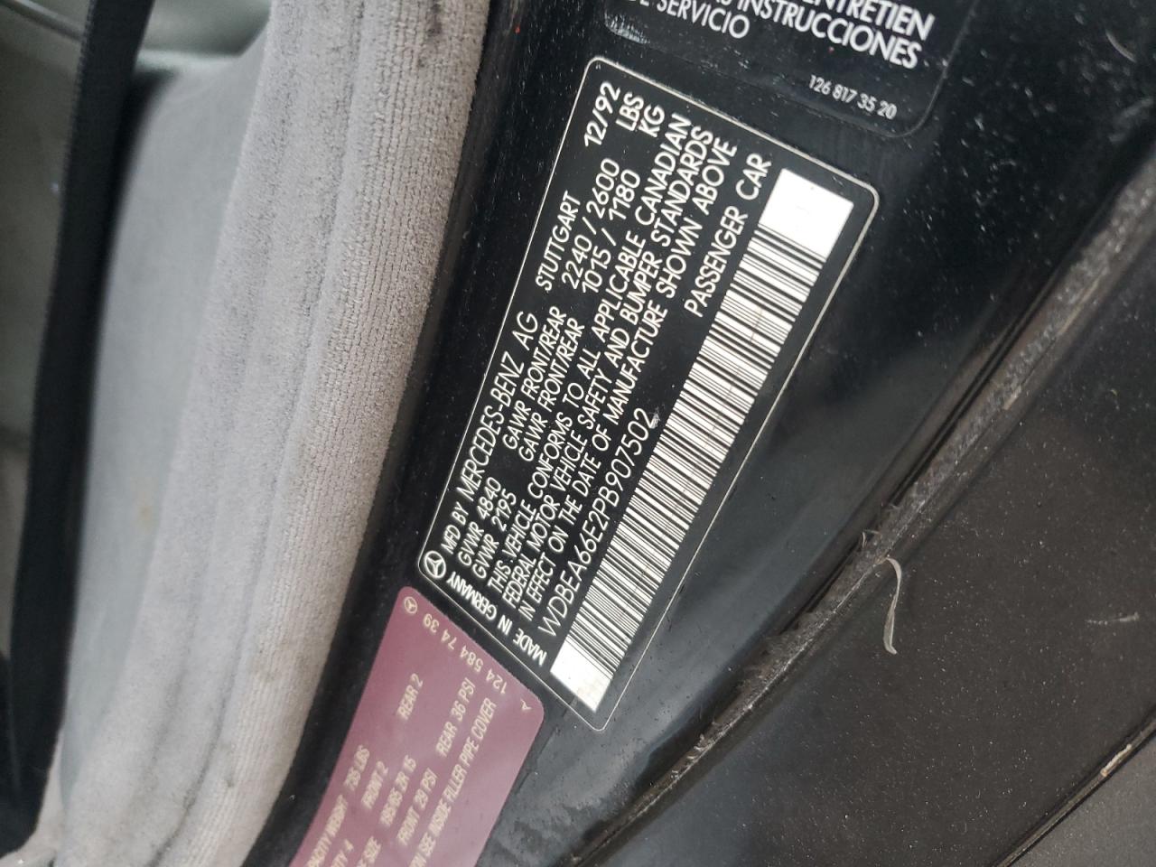 1993 Mercedes-benz 300 Cecv Черный vin: WDBEA66E2PB907502