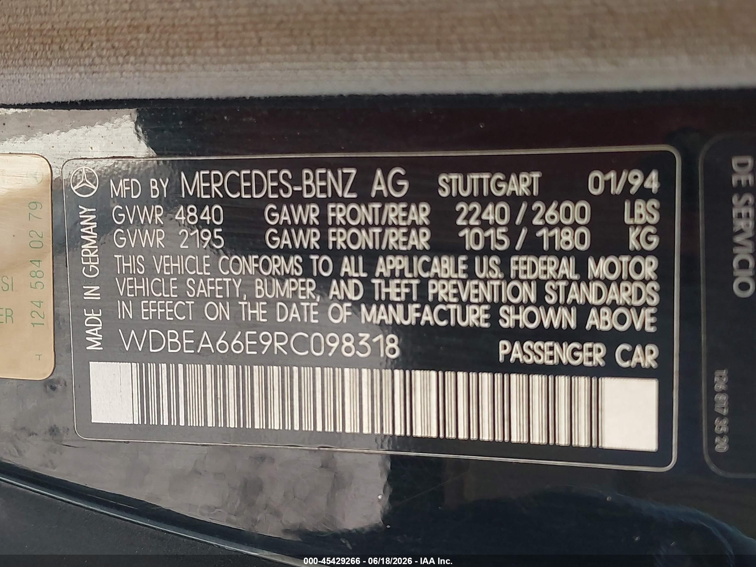 1994 Mercedes-benz E 320 Черный vin: WDBEA66E9RC098318
