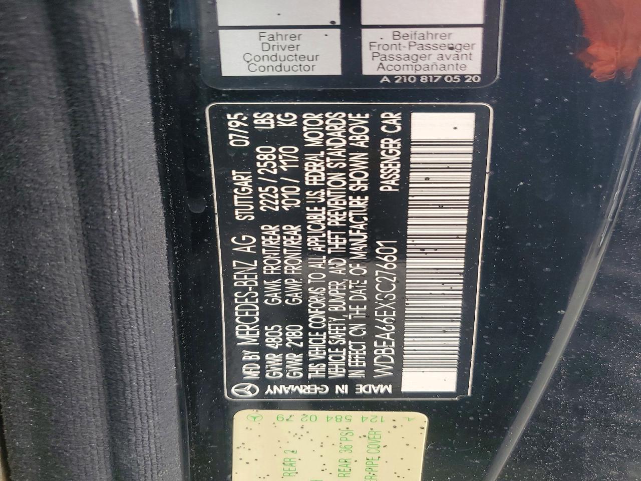 1995 Mercedes-benz E-class 320 Черный vin: WDBEA66EXSC276601