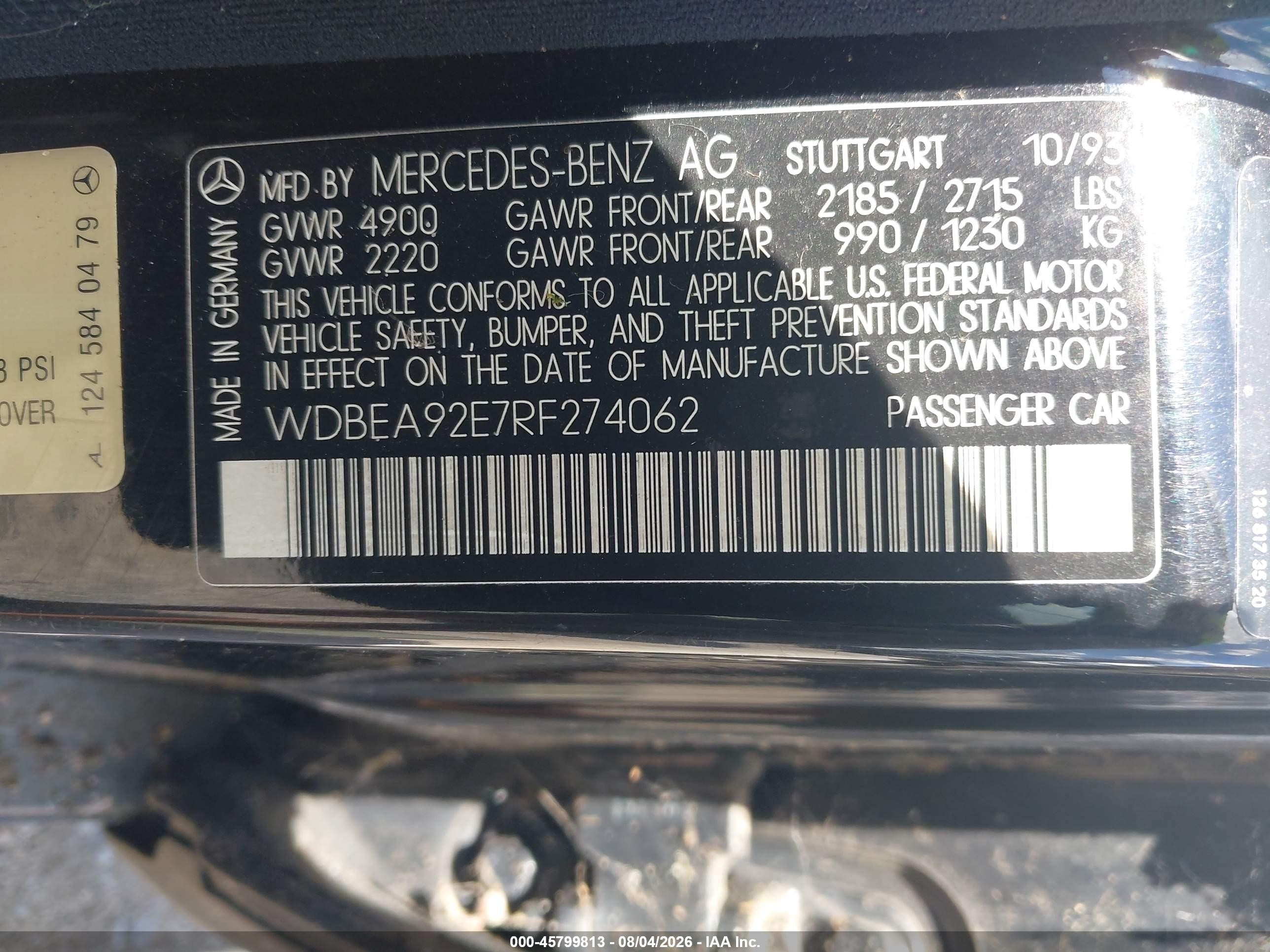 1994 Mercedes-benz E 320 Black vin: WDBEA92E7RF274062