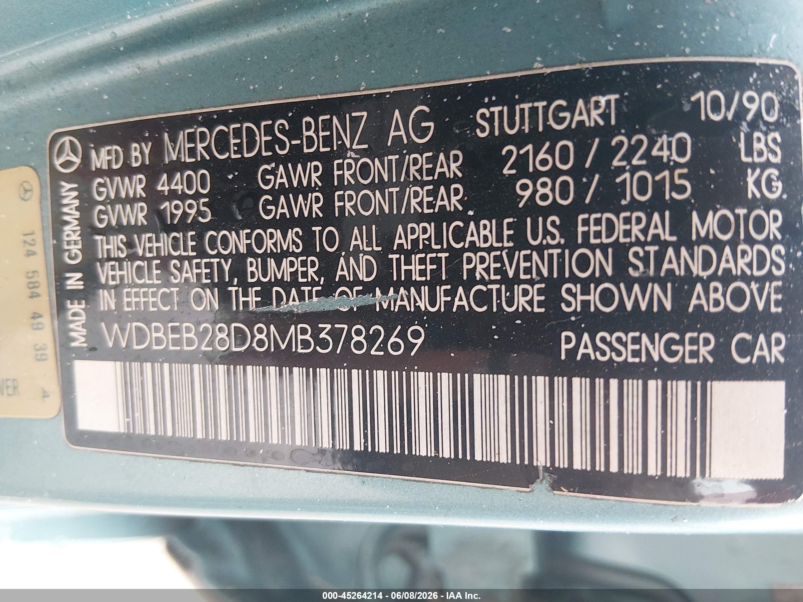 1991 Mercedes-benz 300 D Light Blue vin: WDBEB28D8MB378269