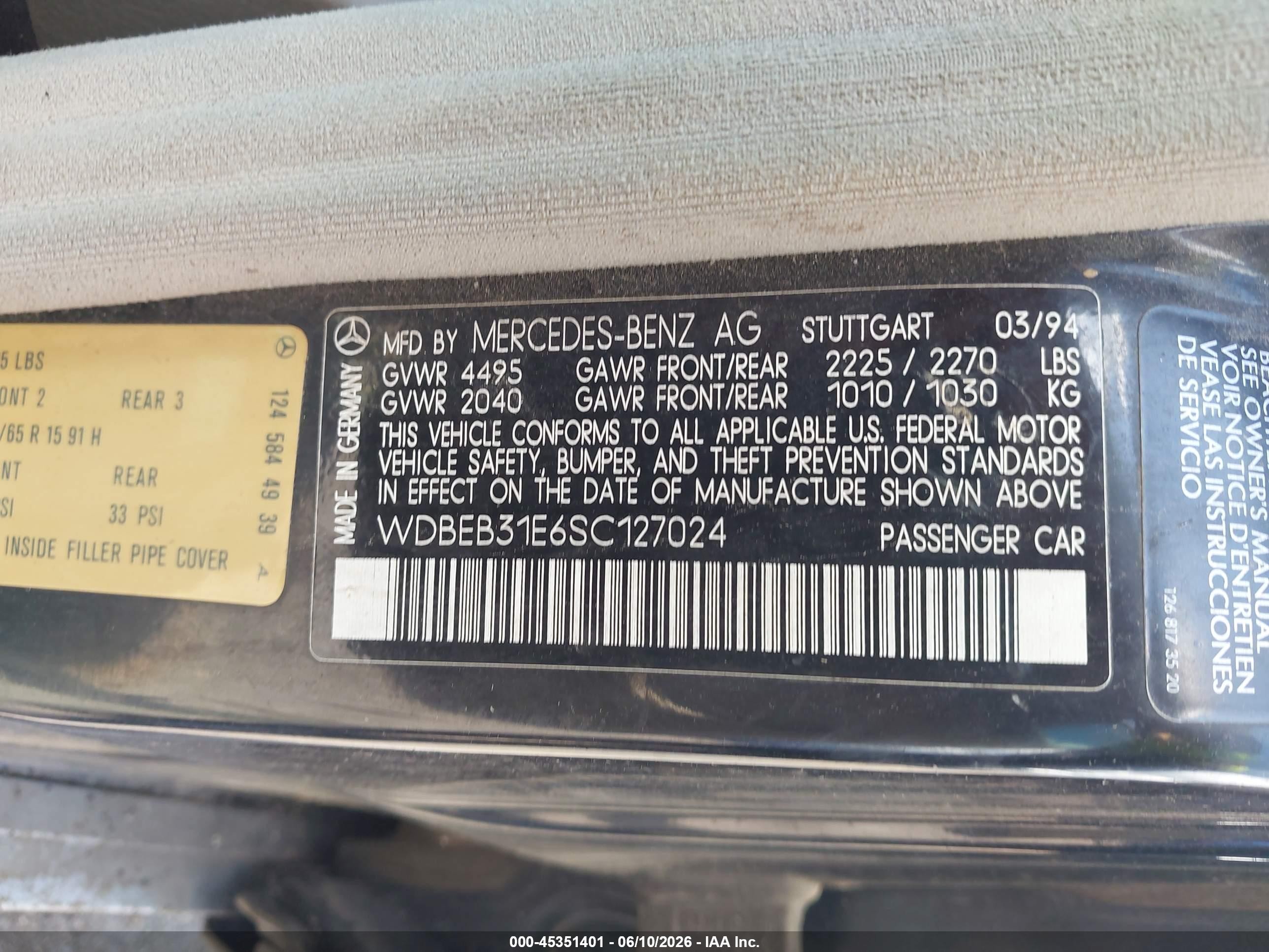 1995 Mercedes-benz E 300d/300d Special Black vin: WDBEB31E6SC127024
