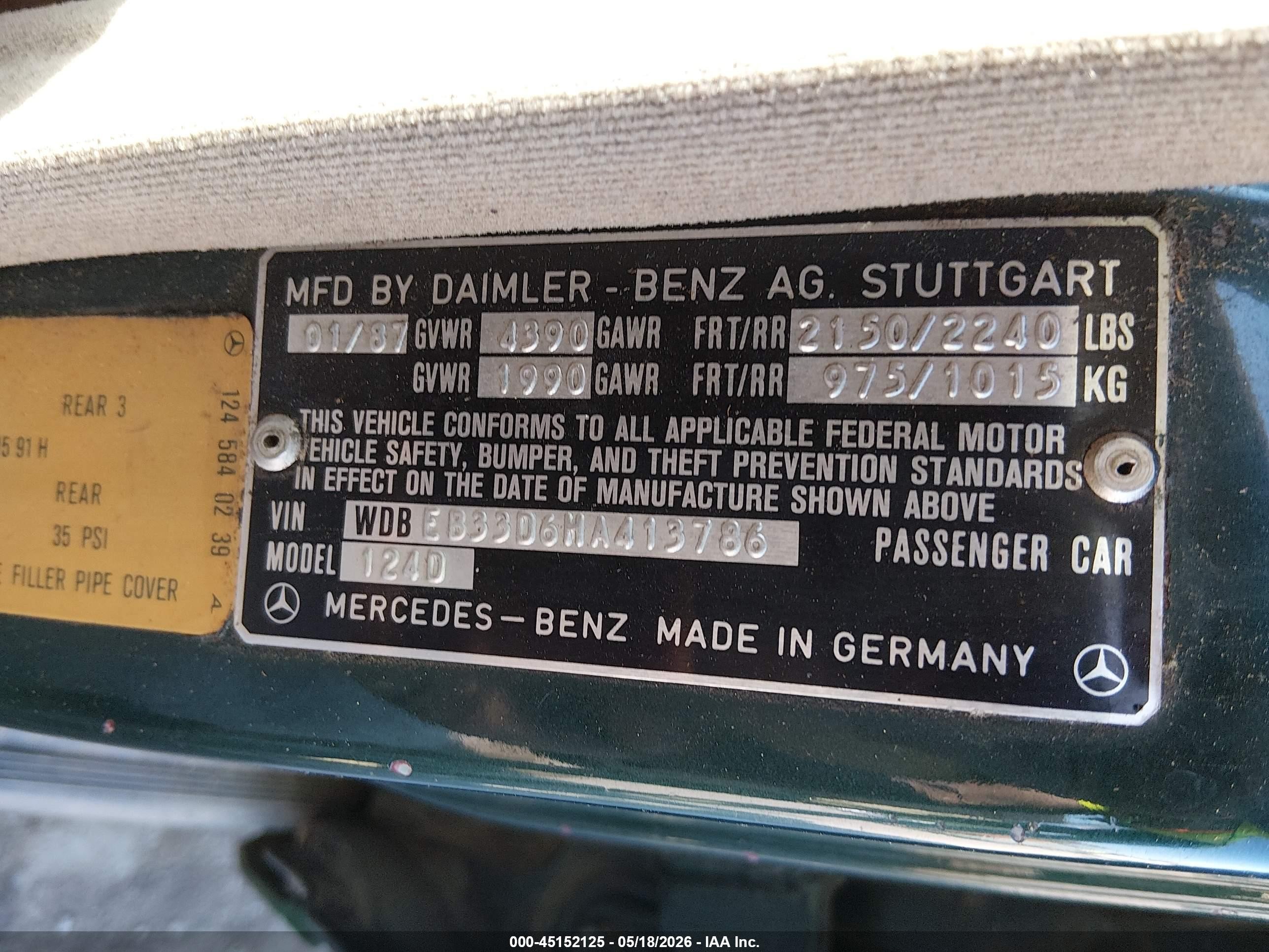1987 Mercedes-benz 300 Dt Зеленый vin: WDBEB33D6HA413786