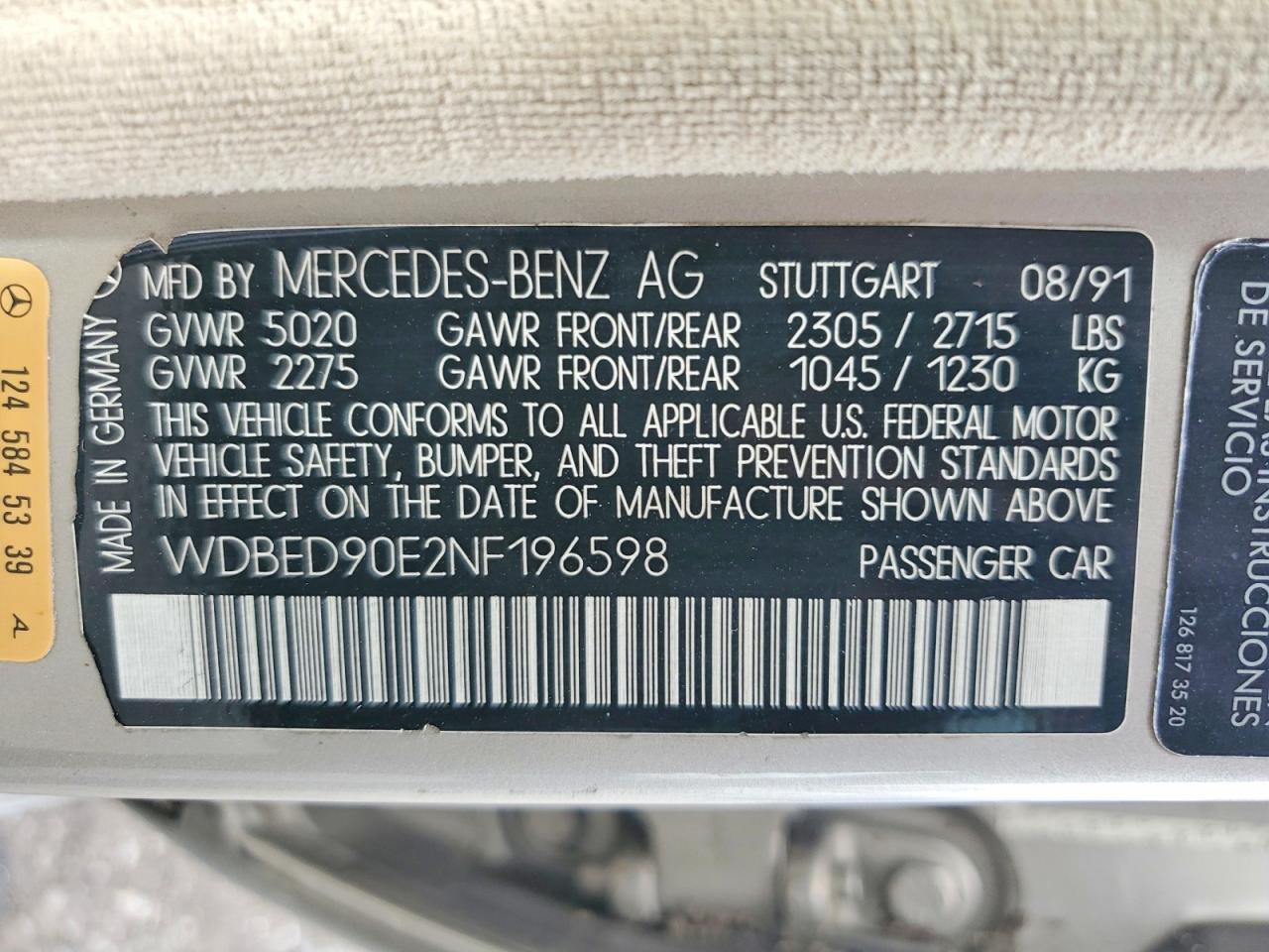 1992 Mercedes-benz 300 Te 4matic Silver vin: WDBED90E2NF196598