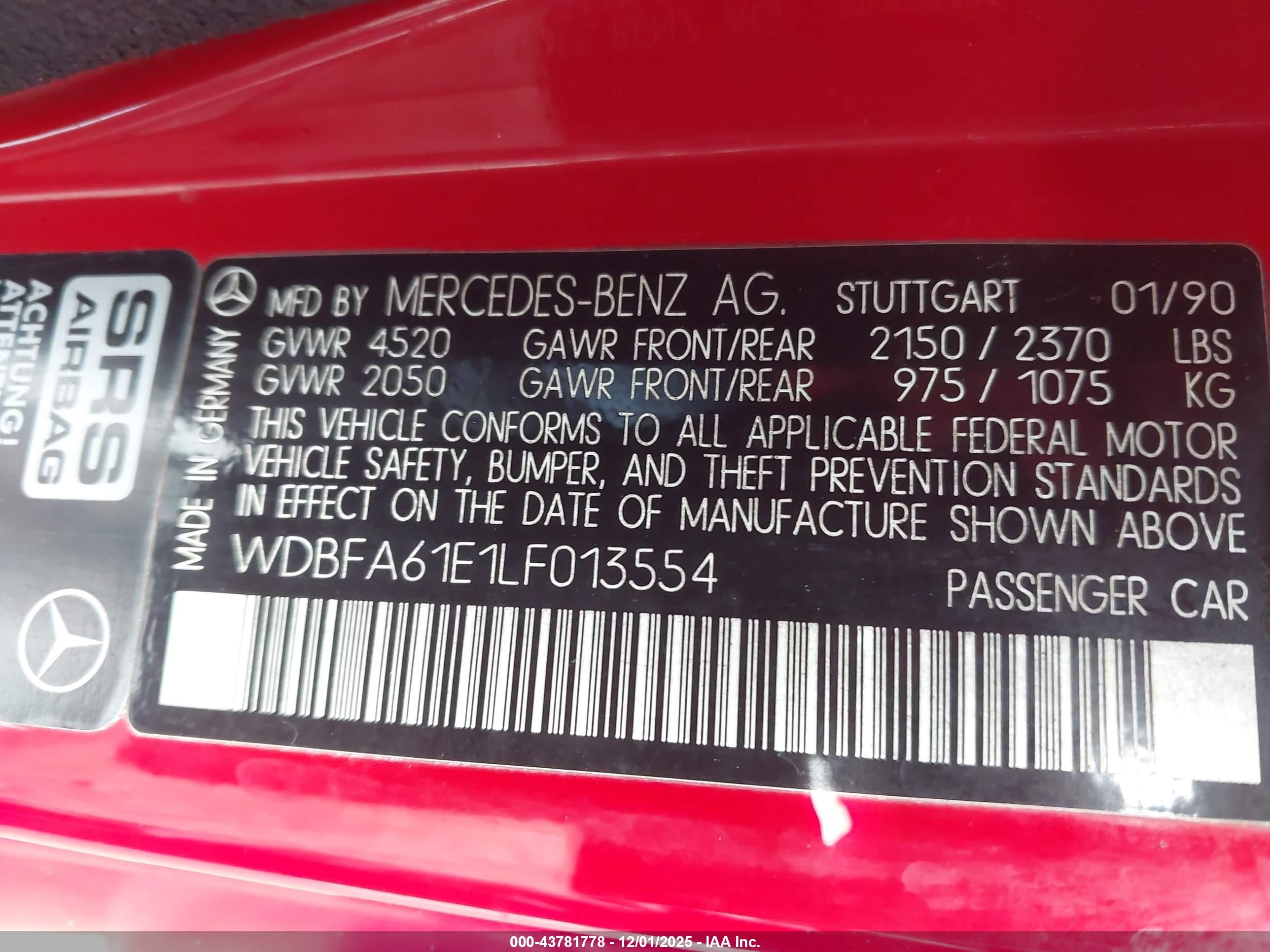 1990 Mercedes-benz 300 Sl Красный vin: WDBFA61E1LF013554