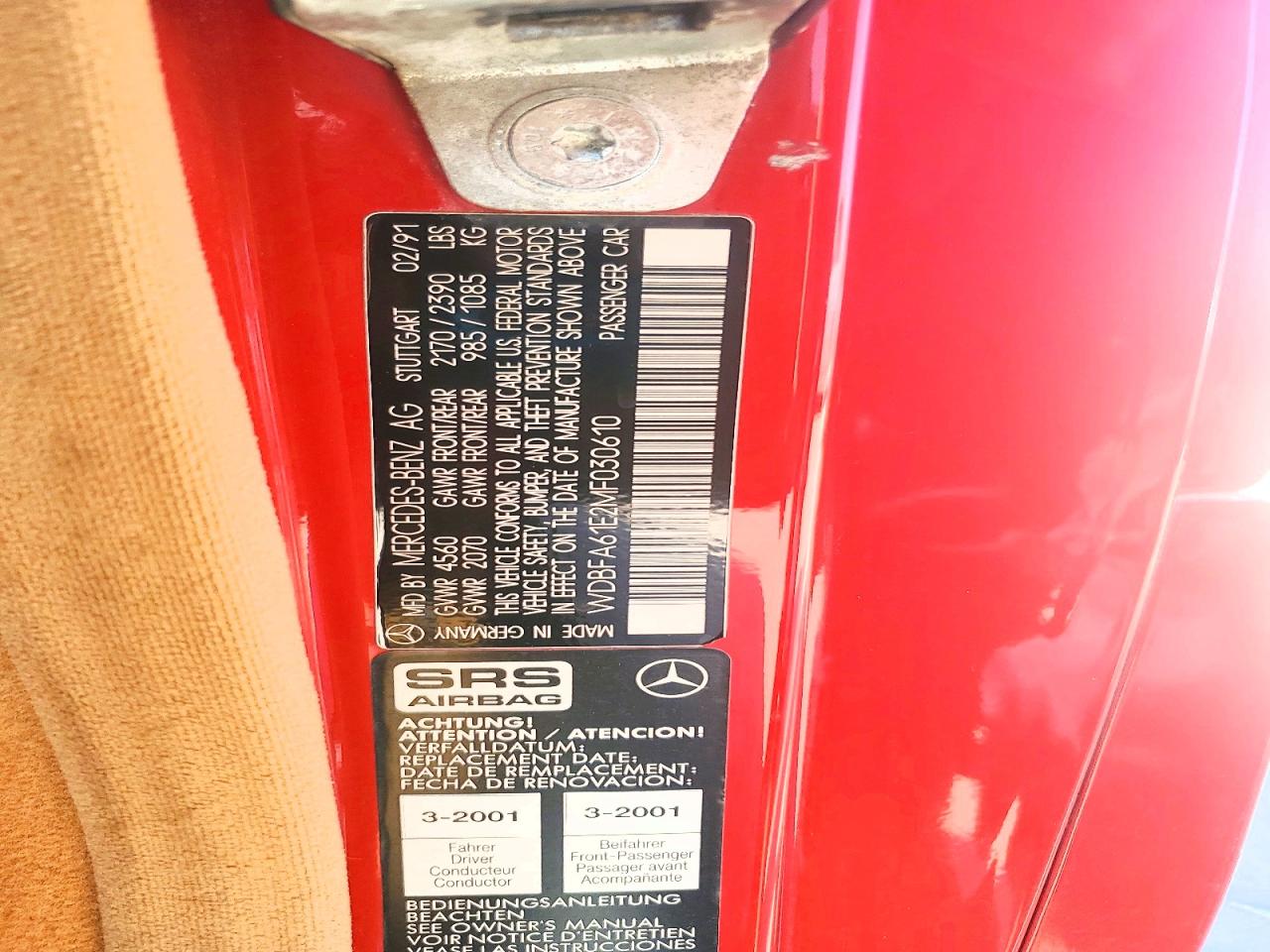 1991 Mercedes-benz 300 Sl Red vin: WDBFA61E2MF030610