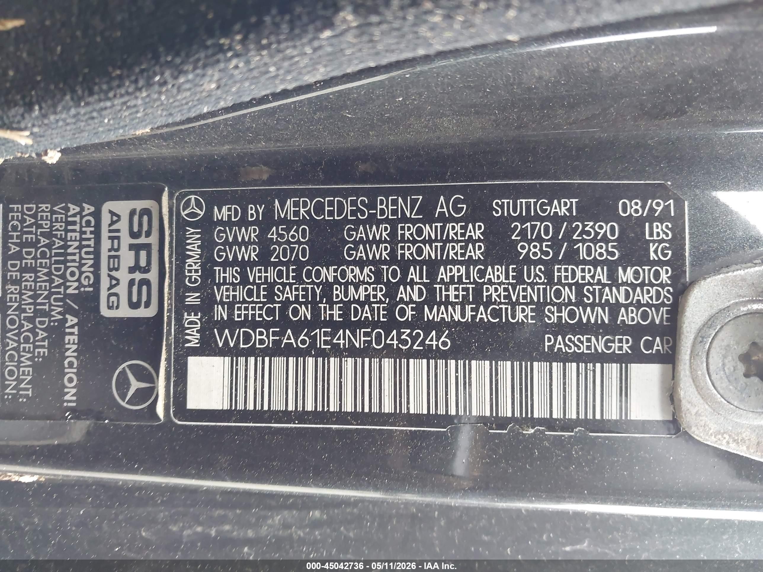 1992 Mercedes-benz 300 Sl Gray vin: WDBFA61E4NF043246