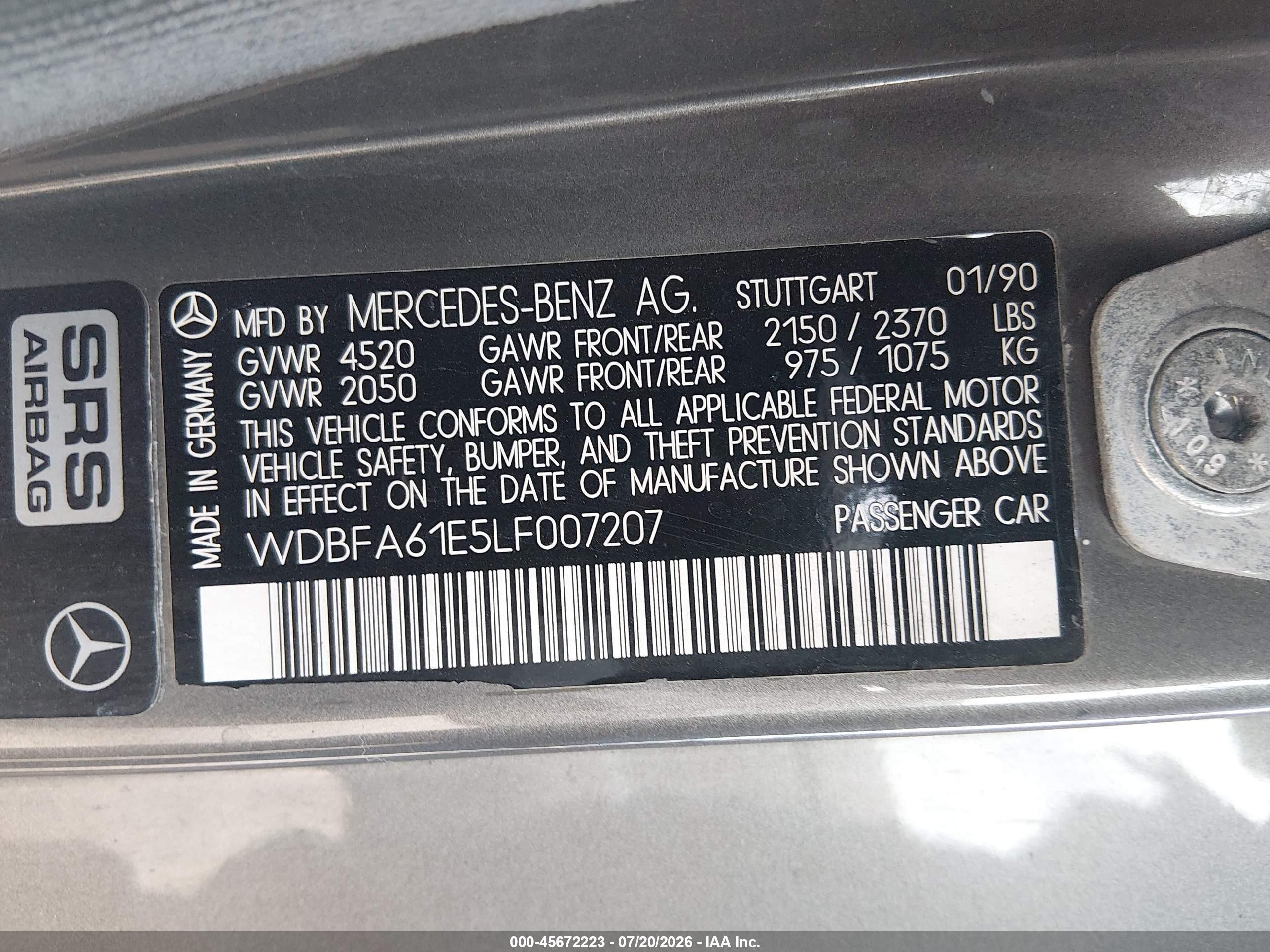 1990 Mercedes-benz 300 Sl Gray vin: WDBFA61E5LF007207
