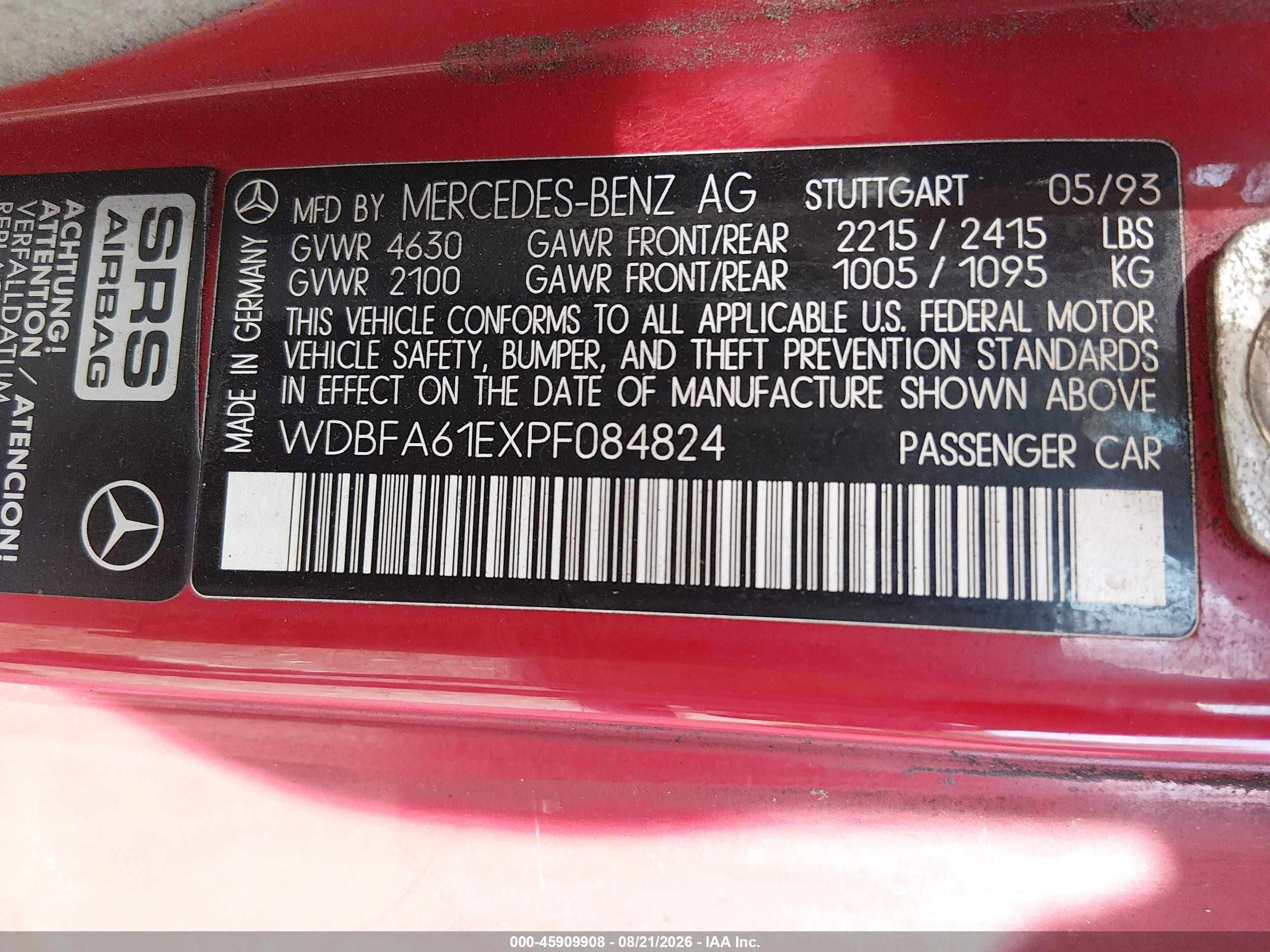 1993 Mercedes-benz 300 Sl Red vin: WDBFA61EXPF084824