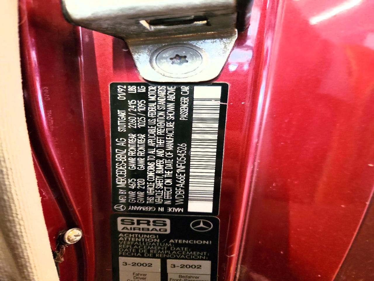 1992 Mercedes-benz 500 Sl Red vin: WDBFA66E1NF054326