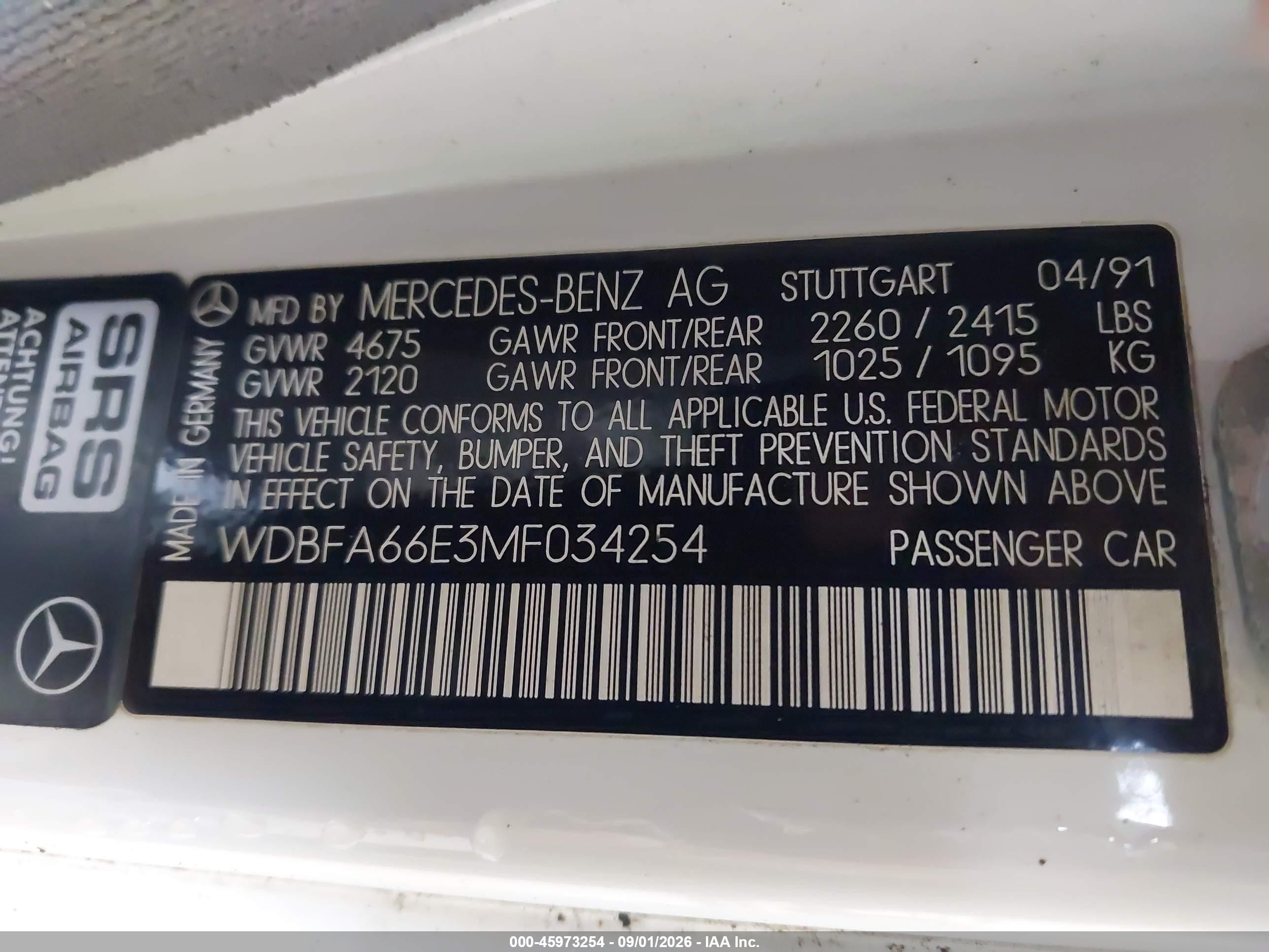 1991 Mercedes-benz 500 Sl White vin: WDBFA66E3MF034254