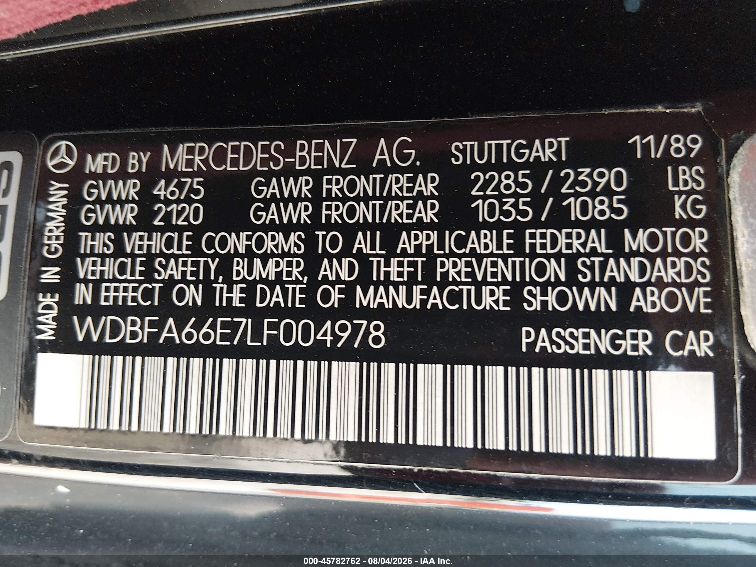 1990 Mercedes-benz 500 Sl Бордовый vin: WDBFA66E7LF004978