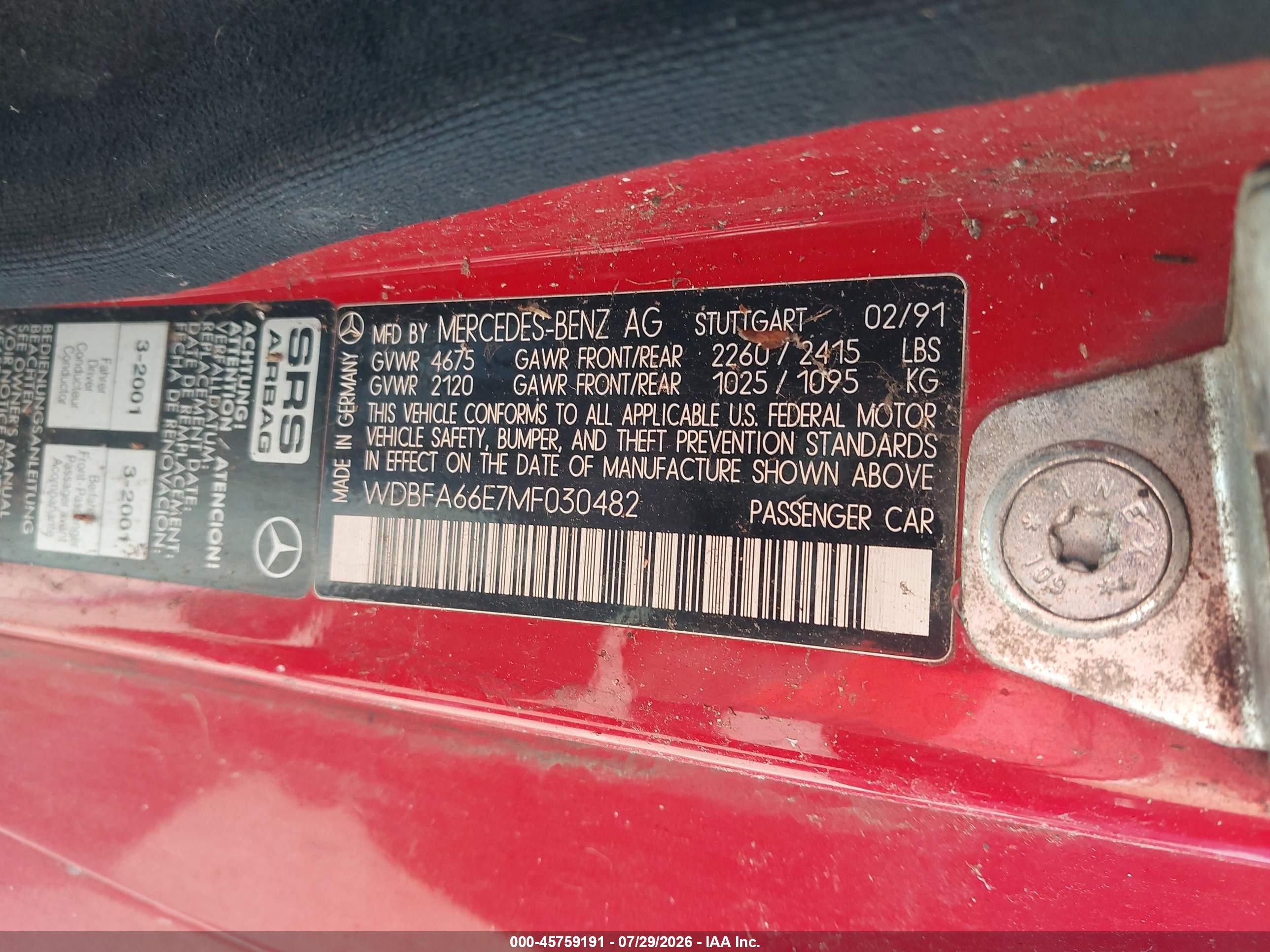 1991 Mercedes-benz 500 Sl Red vin: WDBFA66E7MF030482