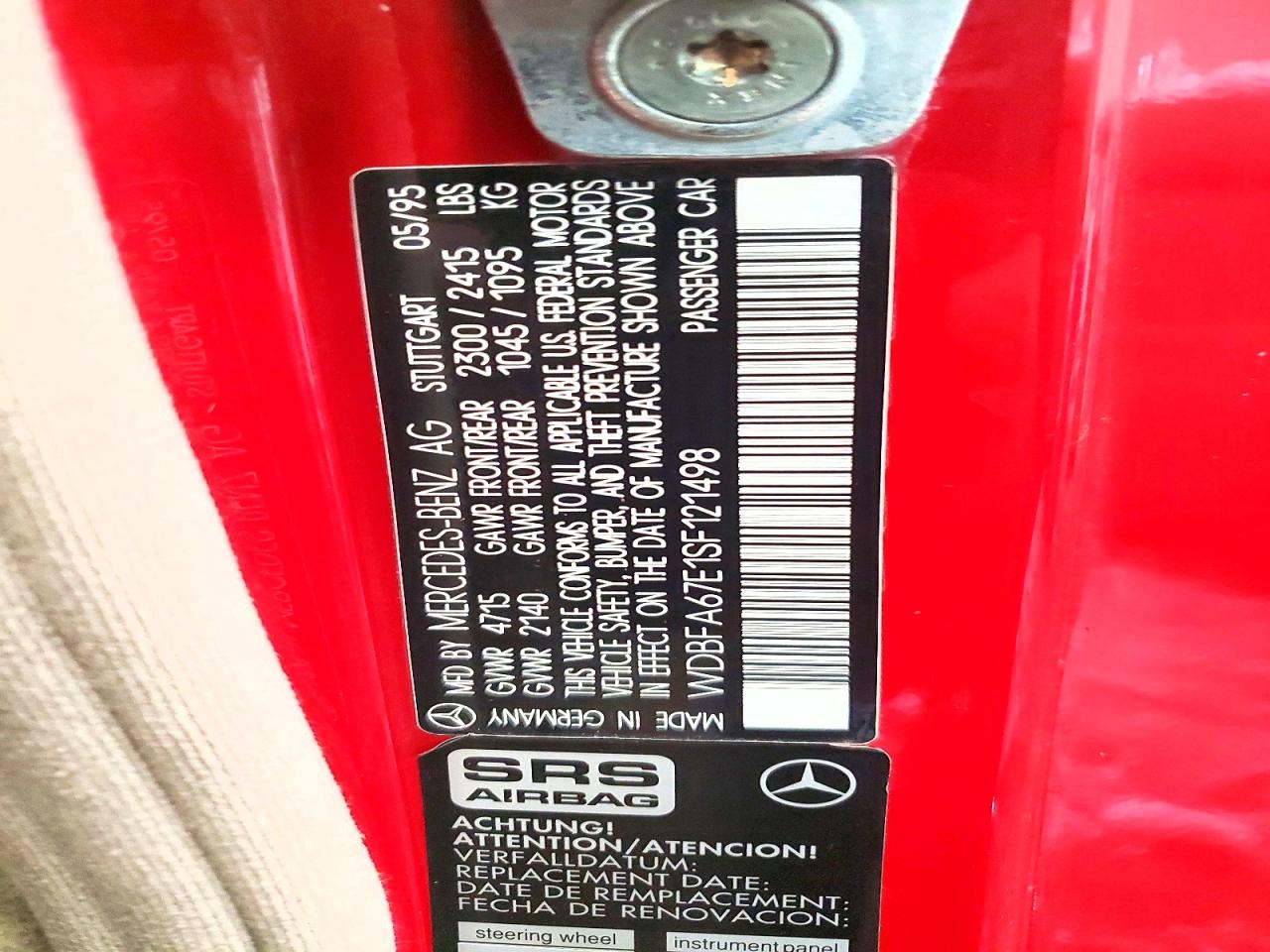 1995 Mercedes-benz Sl 500 Red vin: WDBFA67E1SF121498