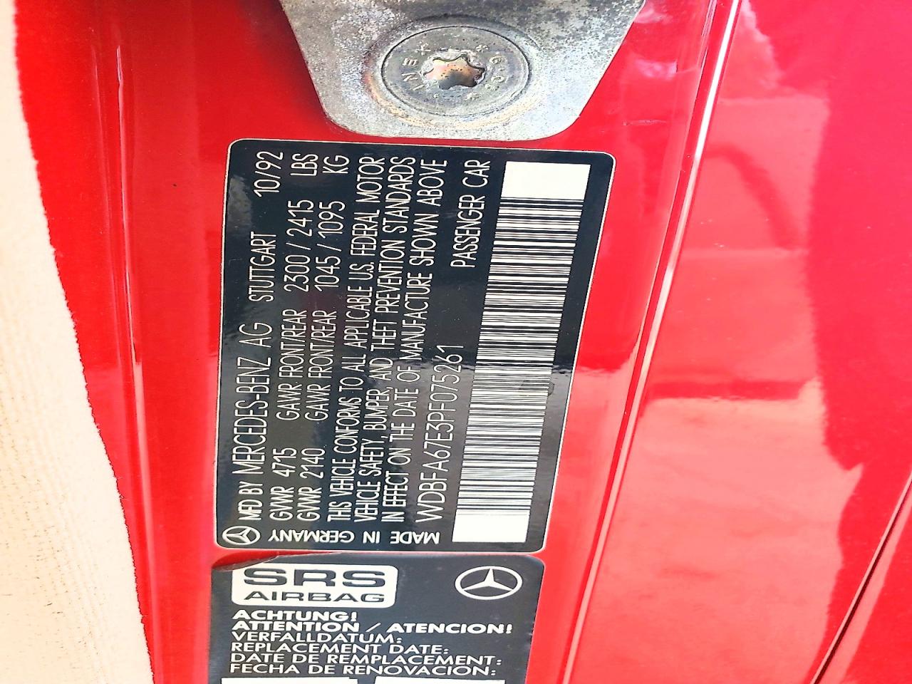 1993 Mercedes-benz 500 Sl Red vin: WDBFA67E3PF075261