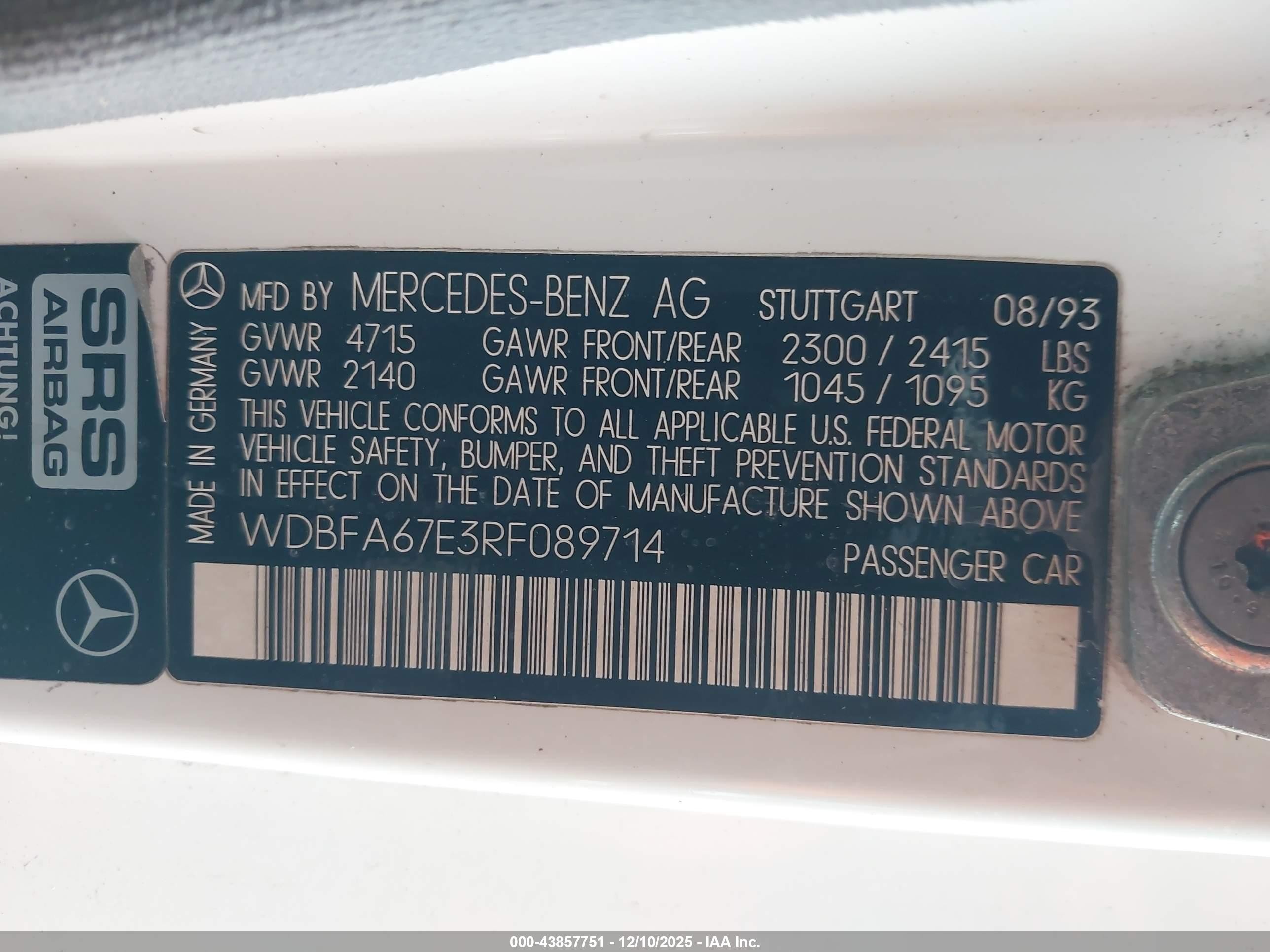 1994 Mercedes-benz Sl 500 White vin: WDBFA67E3RF089714