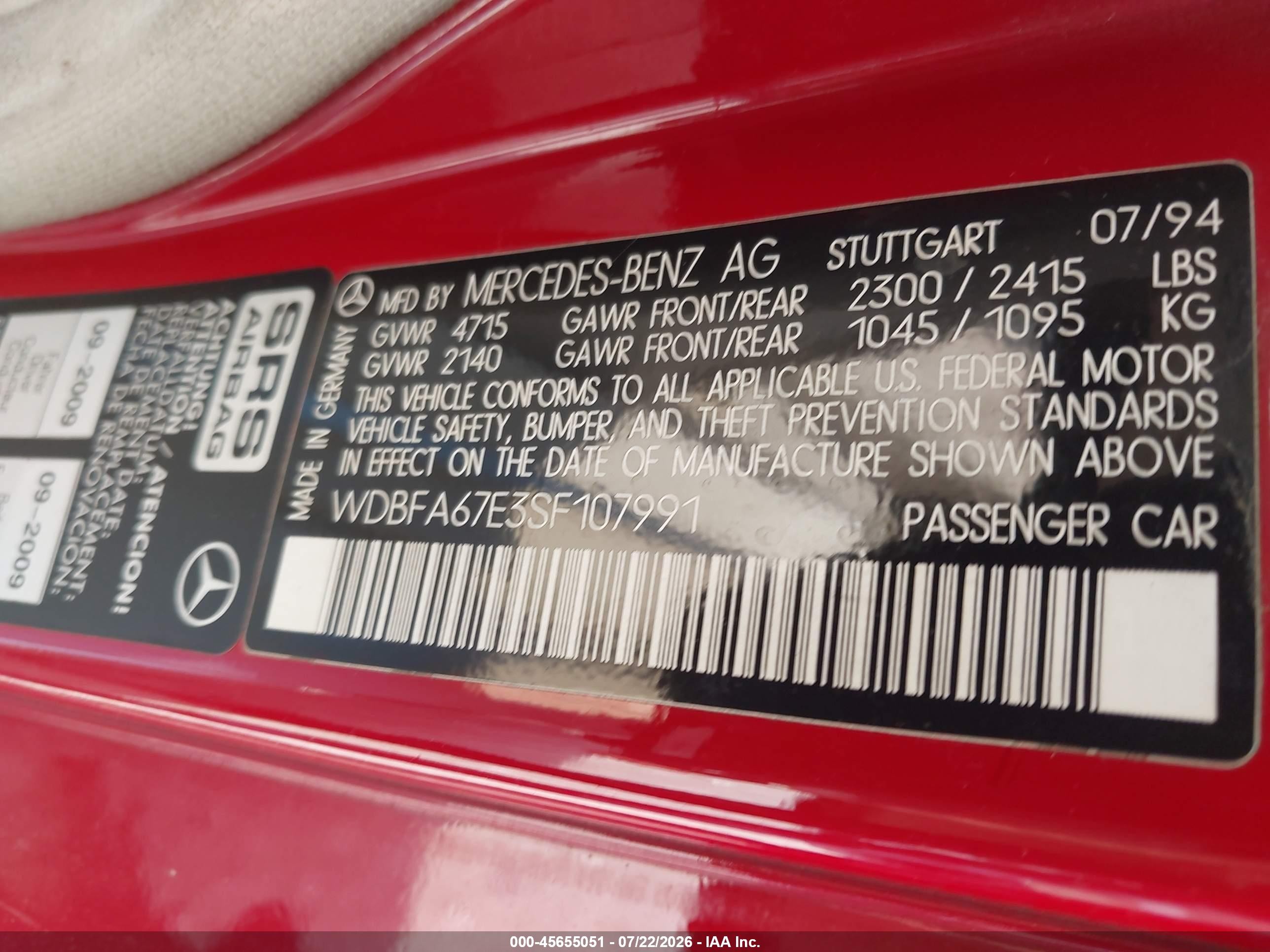 1995 Mercedes-benz Sl 500 Red vin: WDBFA67E3SF107991