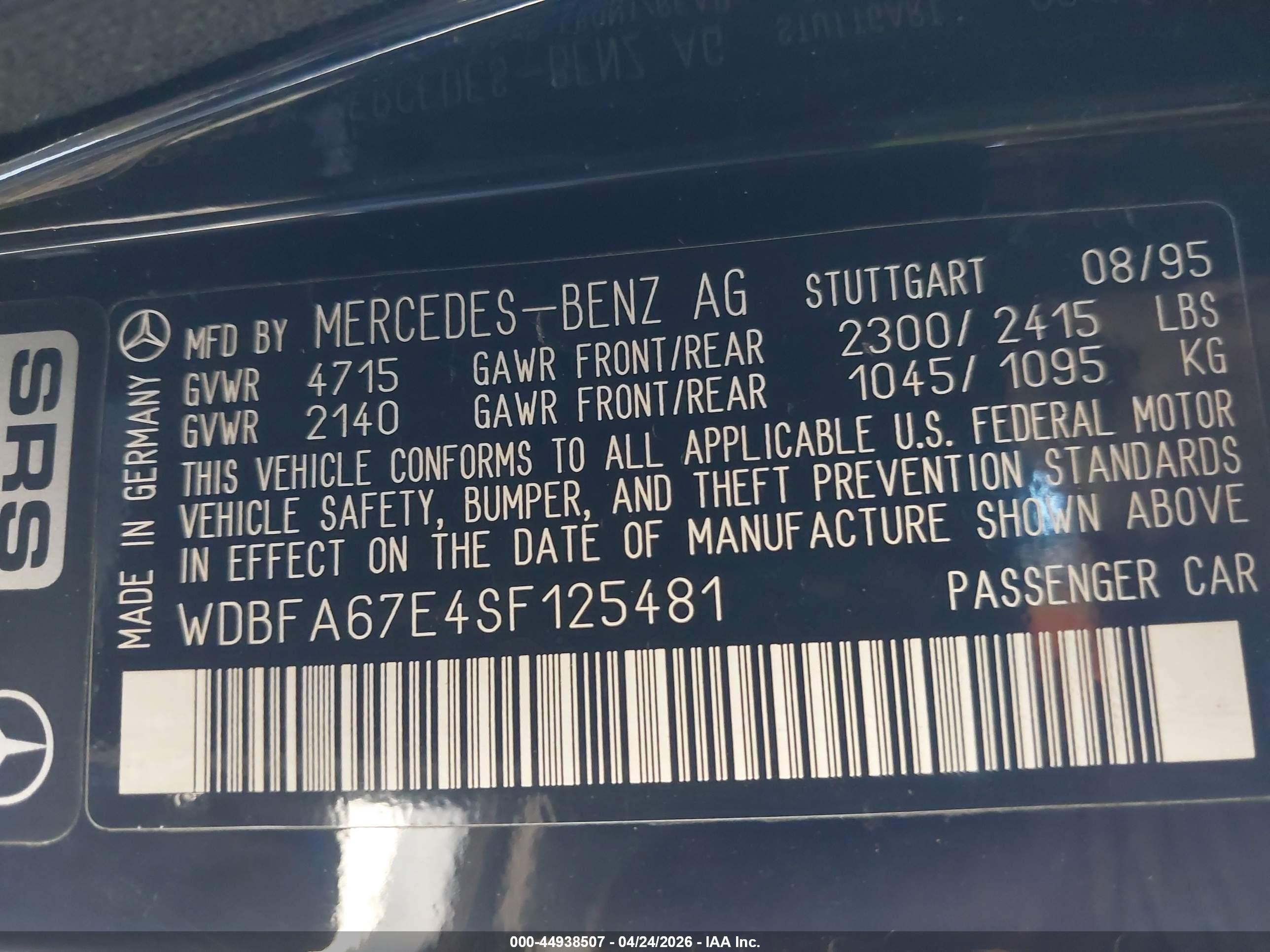 1995 Mercedes-benz Sl 500 Black vin: WDBFA67E4SF125481