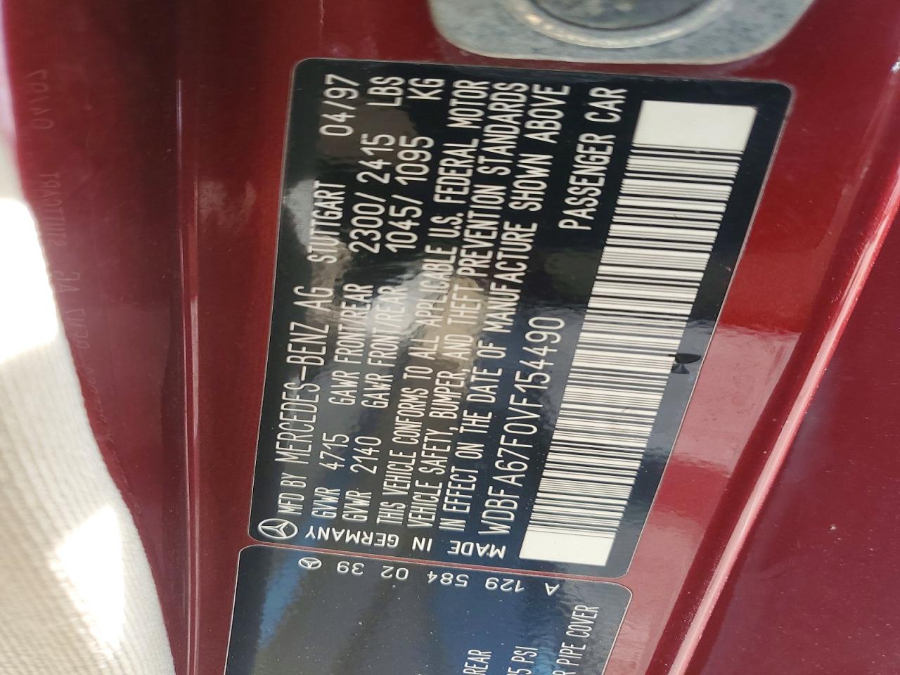 1997 Mercedes-benz Sl 500 Red vin: WDBFA67F0VF154490