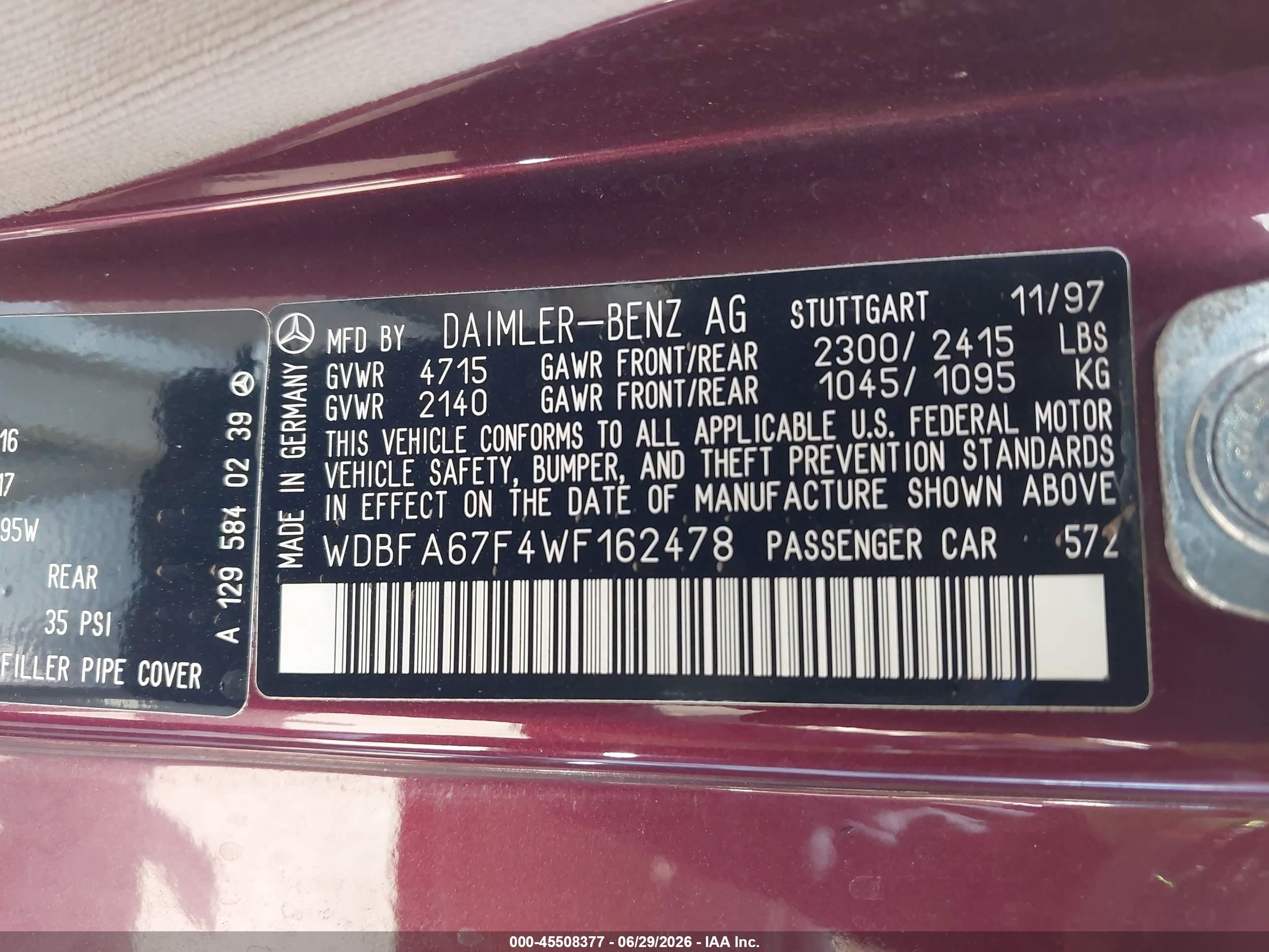 1998 Mercedes-benz Sl 500 Burgundy vin: WDBFA67F4WF162478
