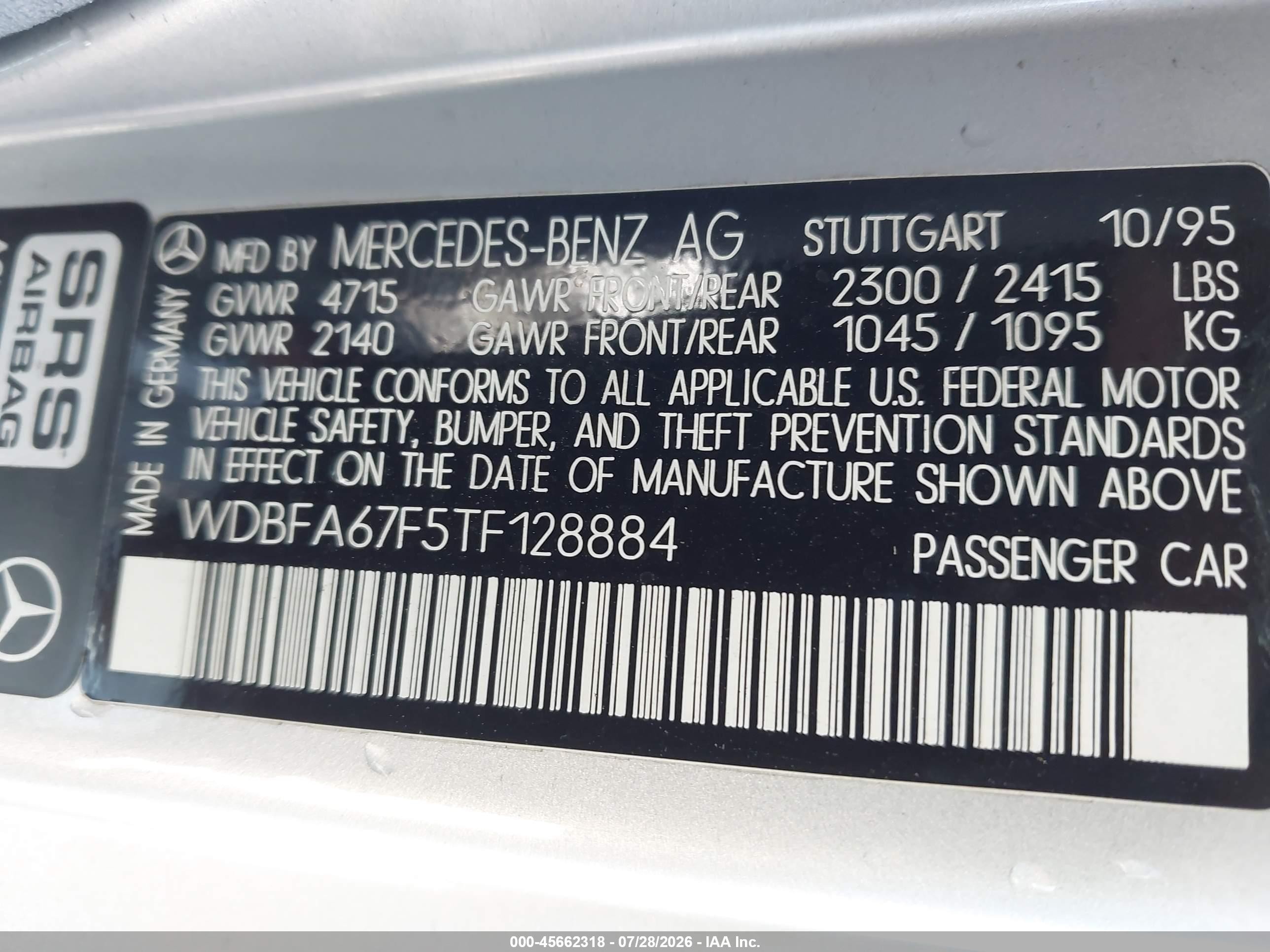 1996 Mercedes-benz Sl 500 Серебряный vin: WDBFA67F5TF128884