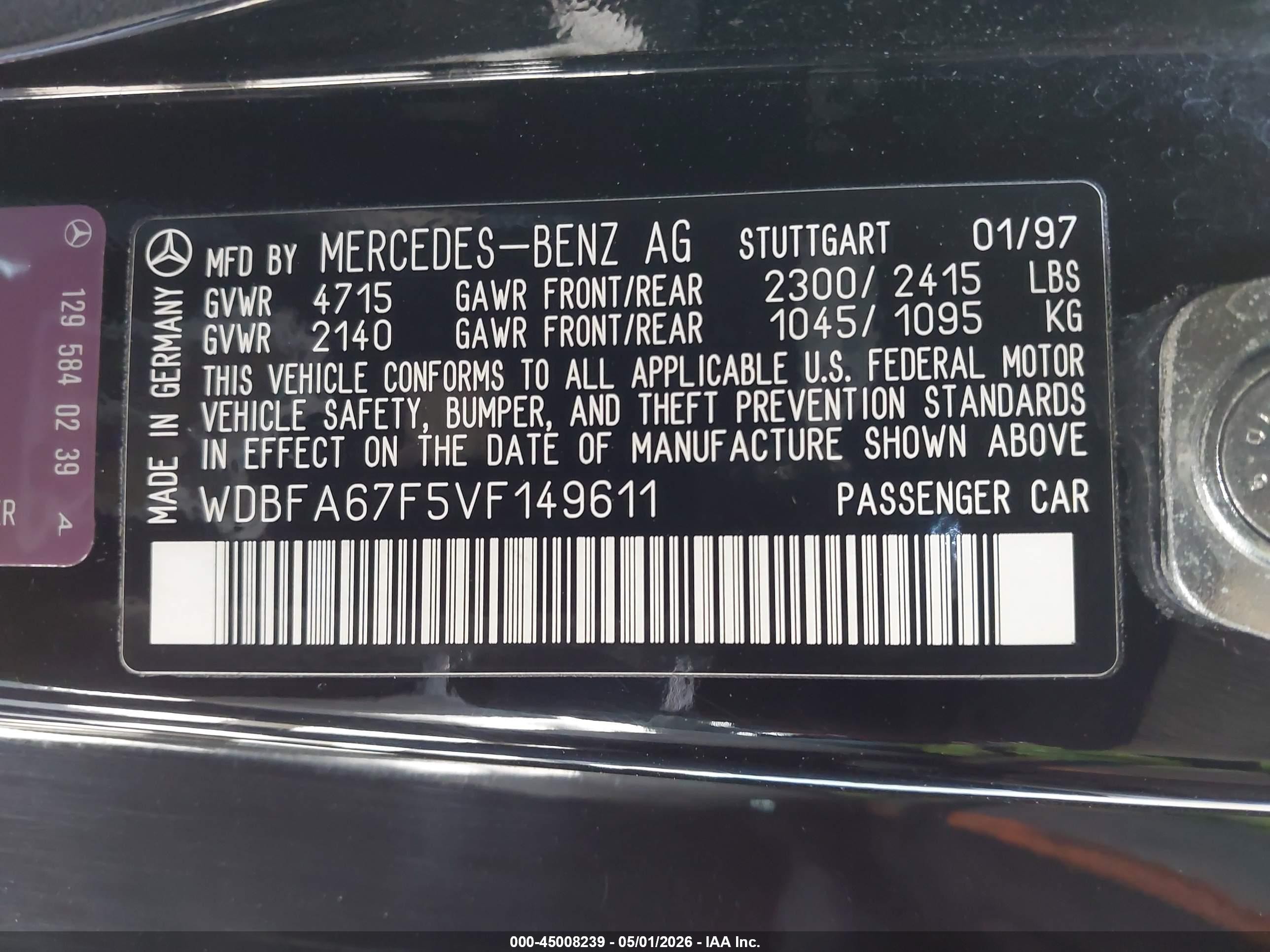 1997 Mercedes-benz Sl 500   Black vin: WDBFA67F5VF149611