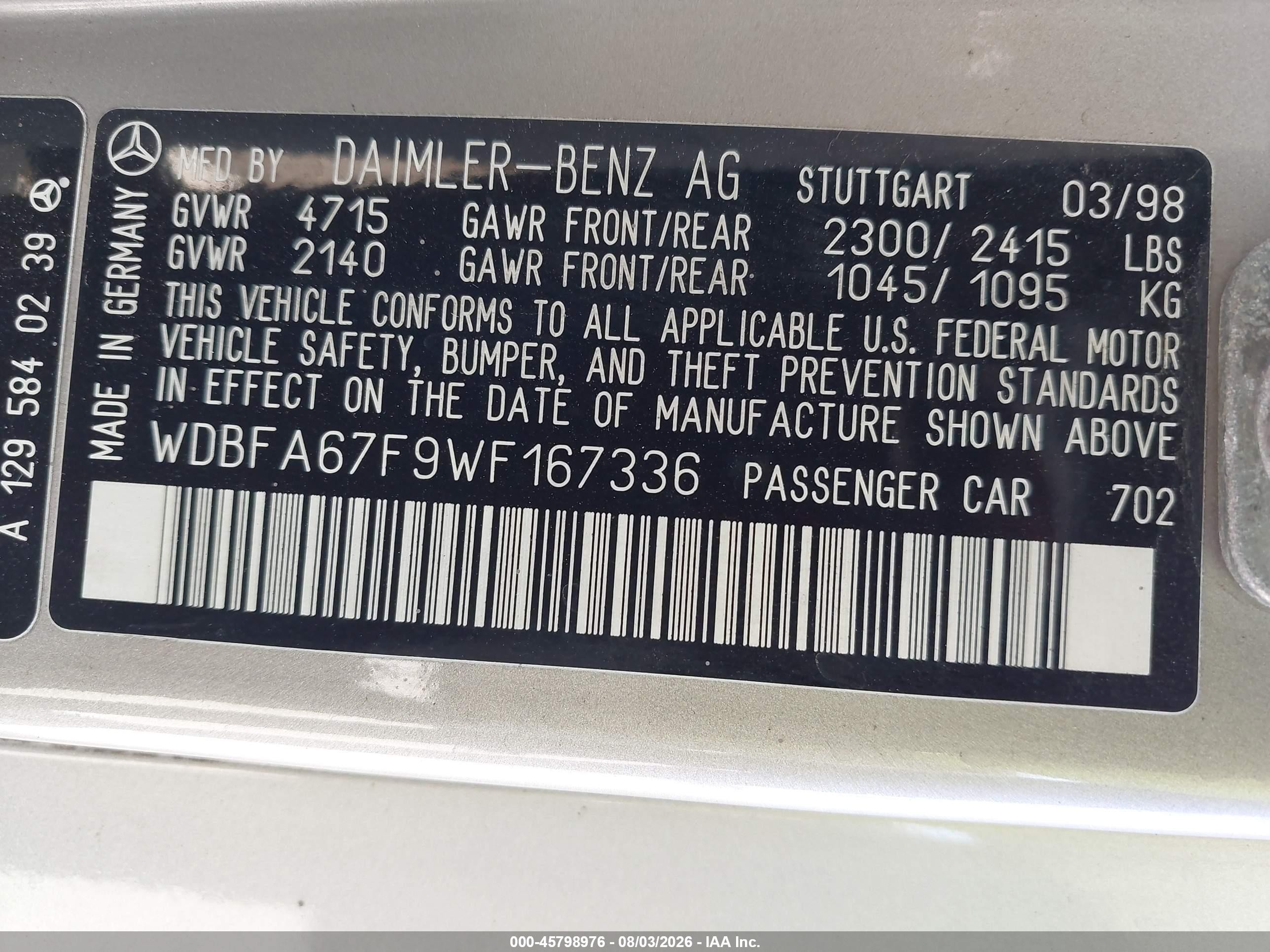 1998 Mercedes-benz Sl 500   Черный vin: WDBFA67F9WF167336