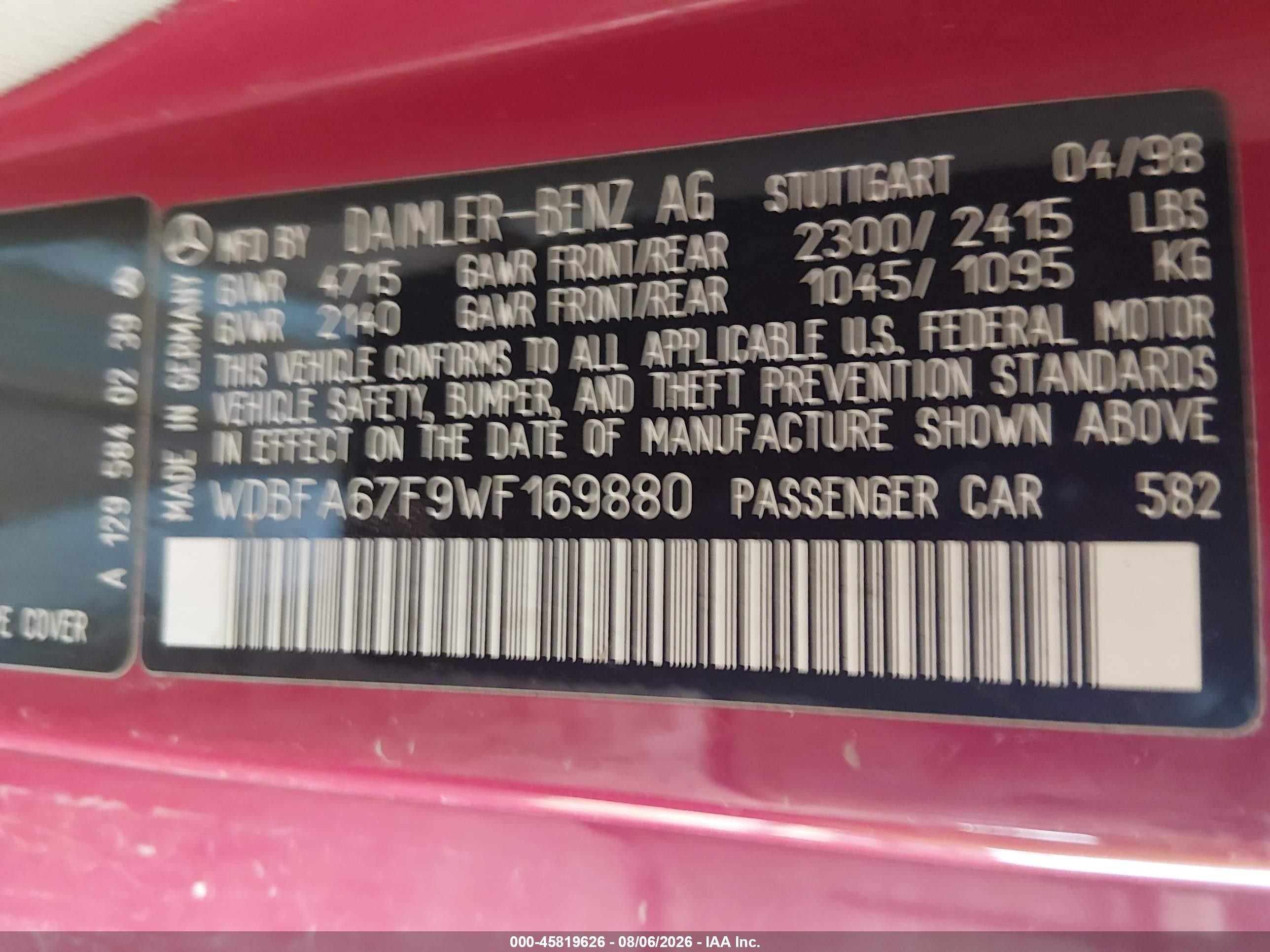 1998 Mercedes-benz Sl 500   Red vin: WDBFA67F9WF169880
