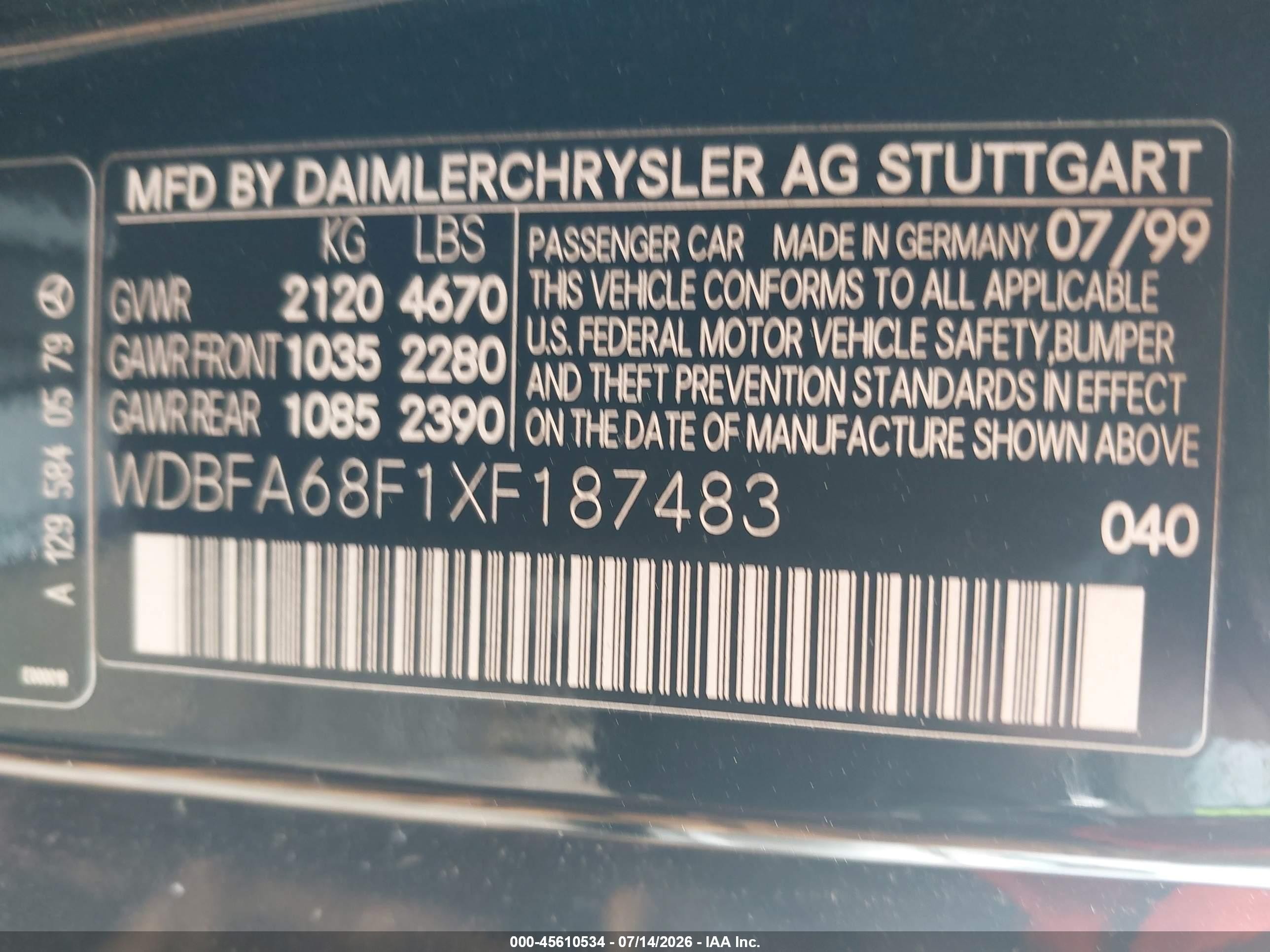 1999 Mercedes-benz Sl 500   Black vin: WDBFA68F1XF187483