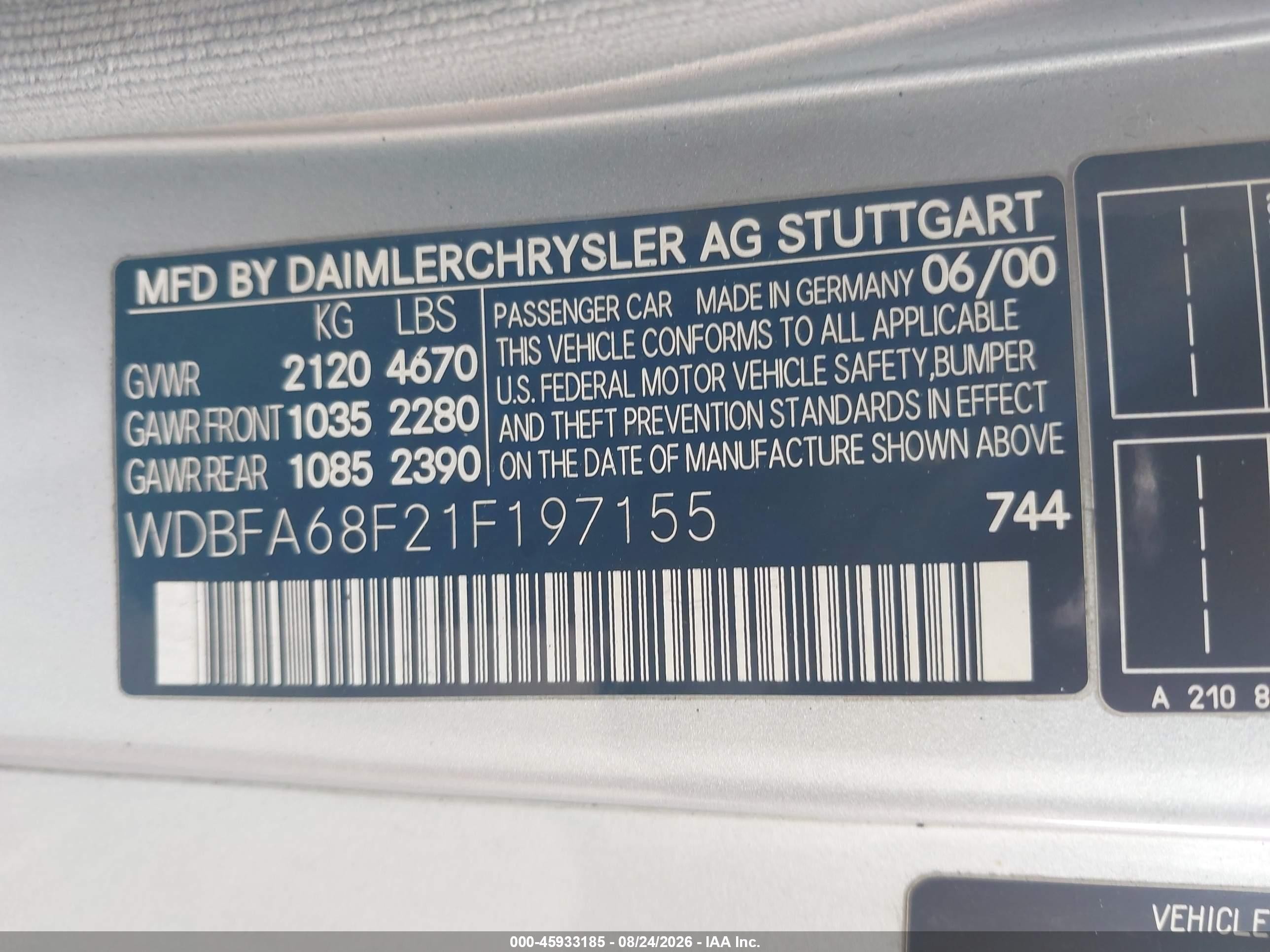 2001 Mercedes-benz Sl 500   Silver vin: WDBFA68F21F197155