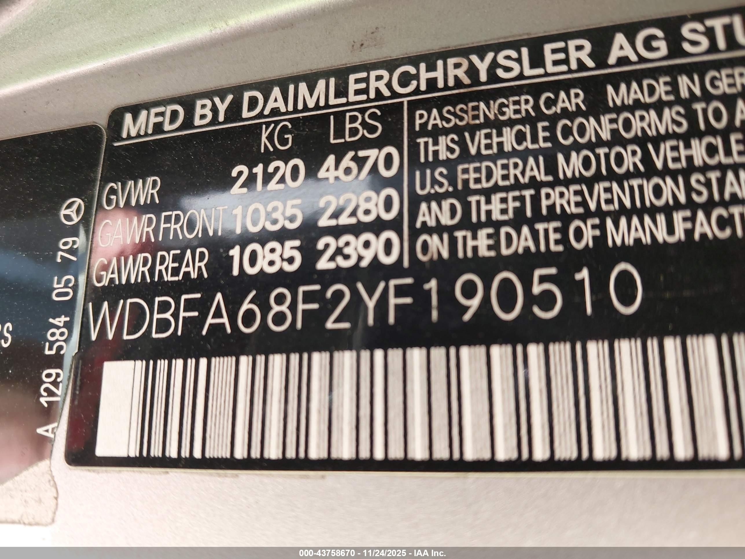 2000 Mercedes-benz Sl 500   Silver vin: WDBFA68F2YF190510