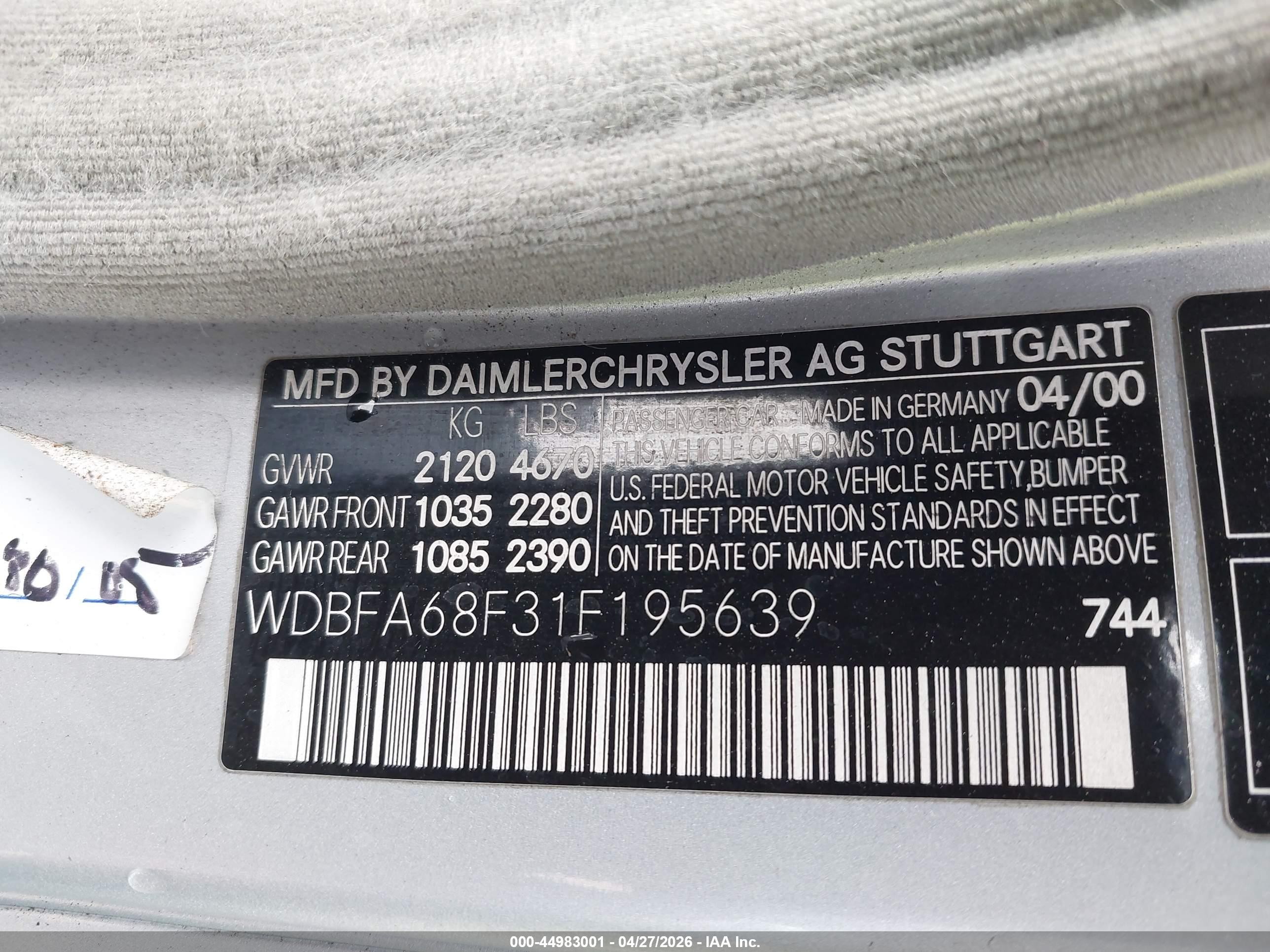 2001 Mercedes-benz Sl 500   Silver vin: WDBFA68F31F195639