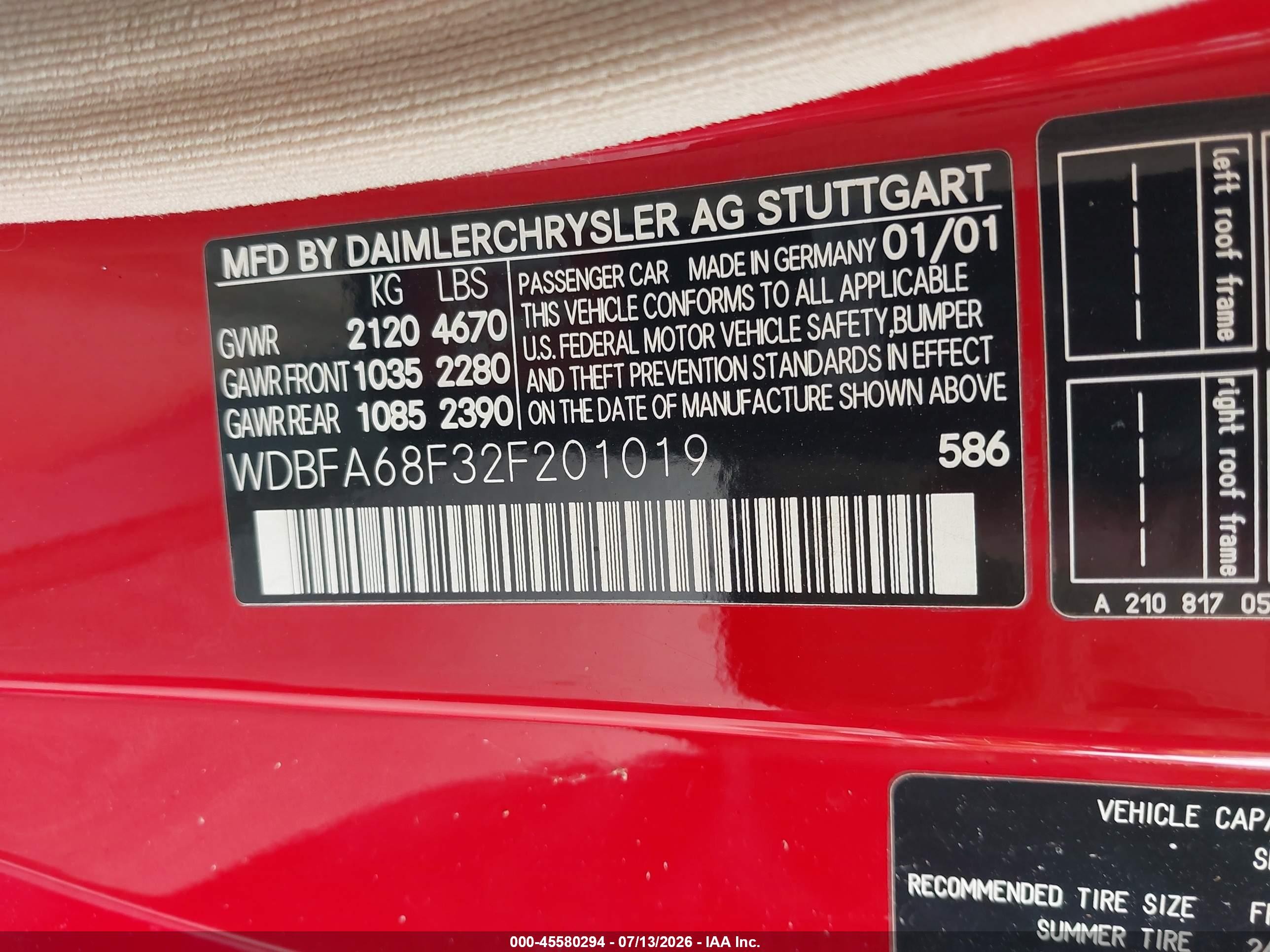 2002 Mercedes-benz Sl 500   Red vin: WDBFA68F32F201019